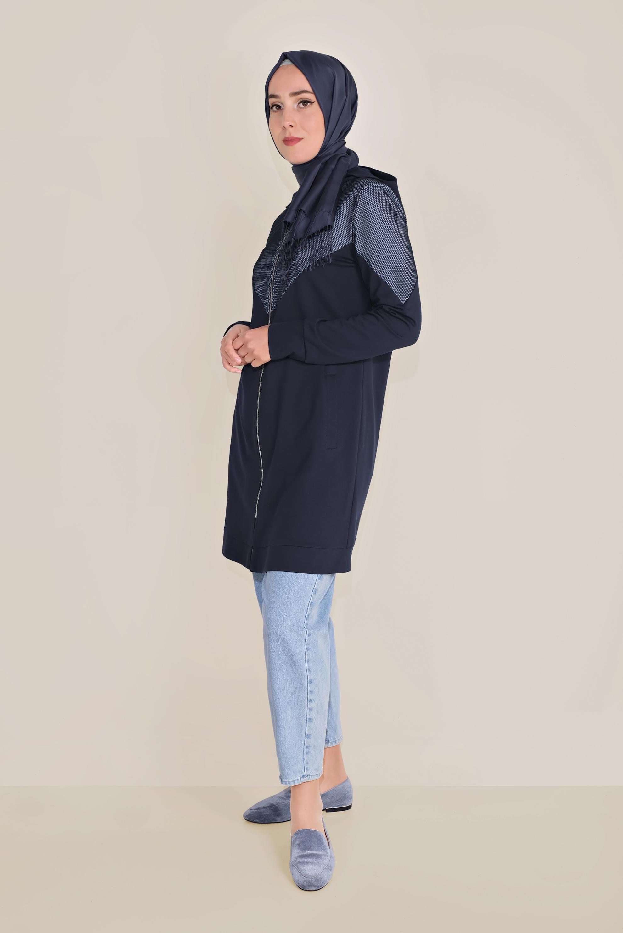 Tesettür giyim LACİVERT PAMUKLU FİLE DETAYLI FERMUARLI EŞOFMAN TUNİK 40679 