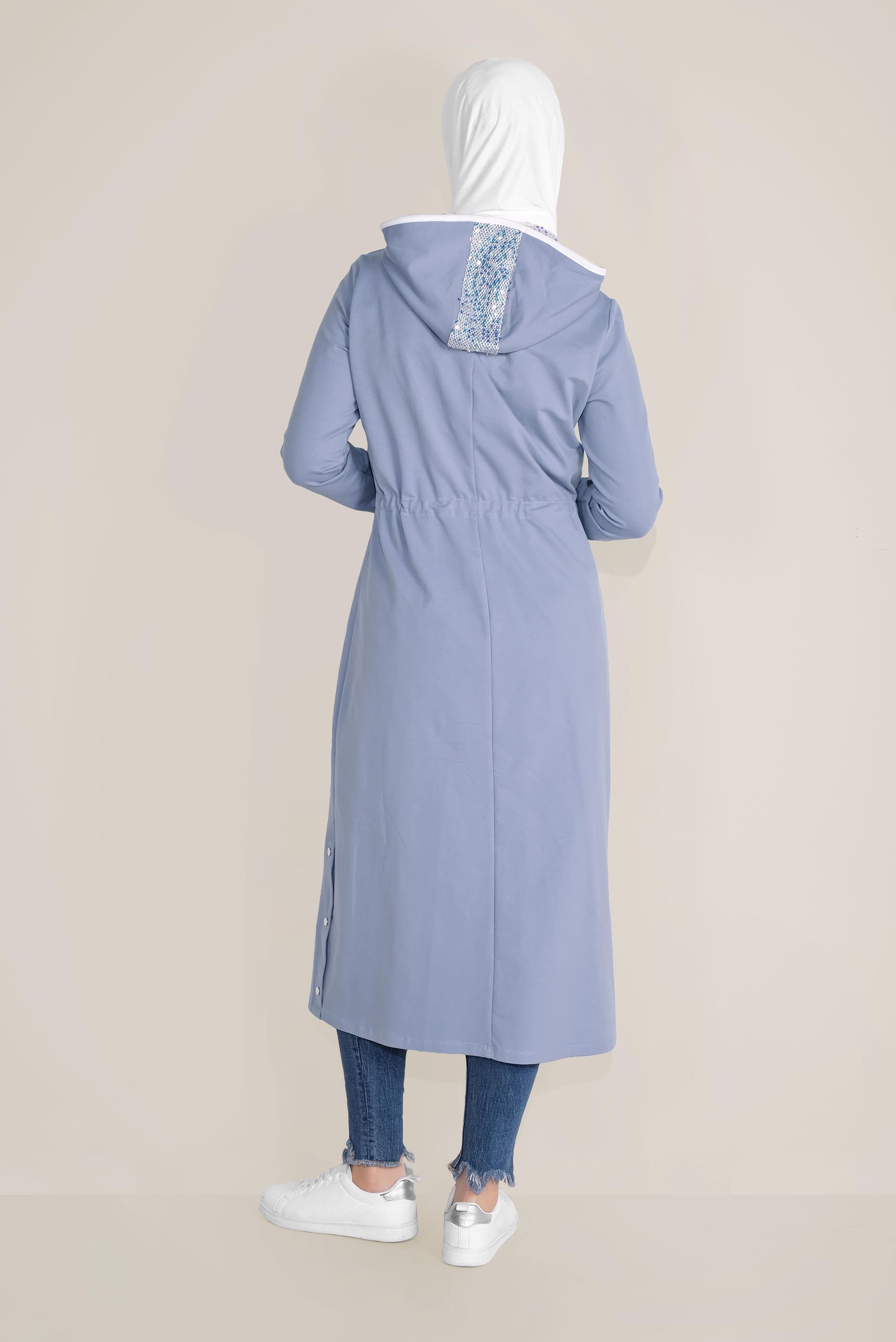 Tesettür giyim MAVİ BELDEN BÜZGÜLÜ KAPÜŞONLU EŞOFMAN TUNİK 40680