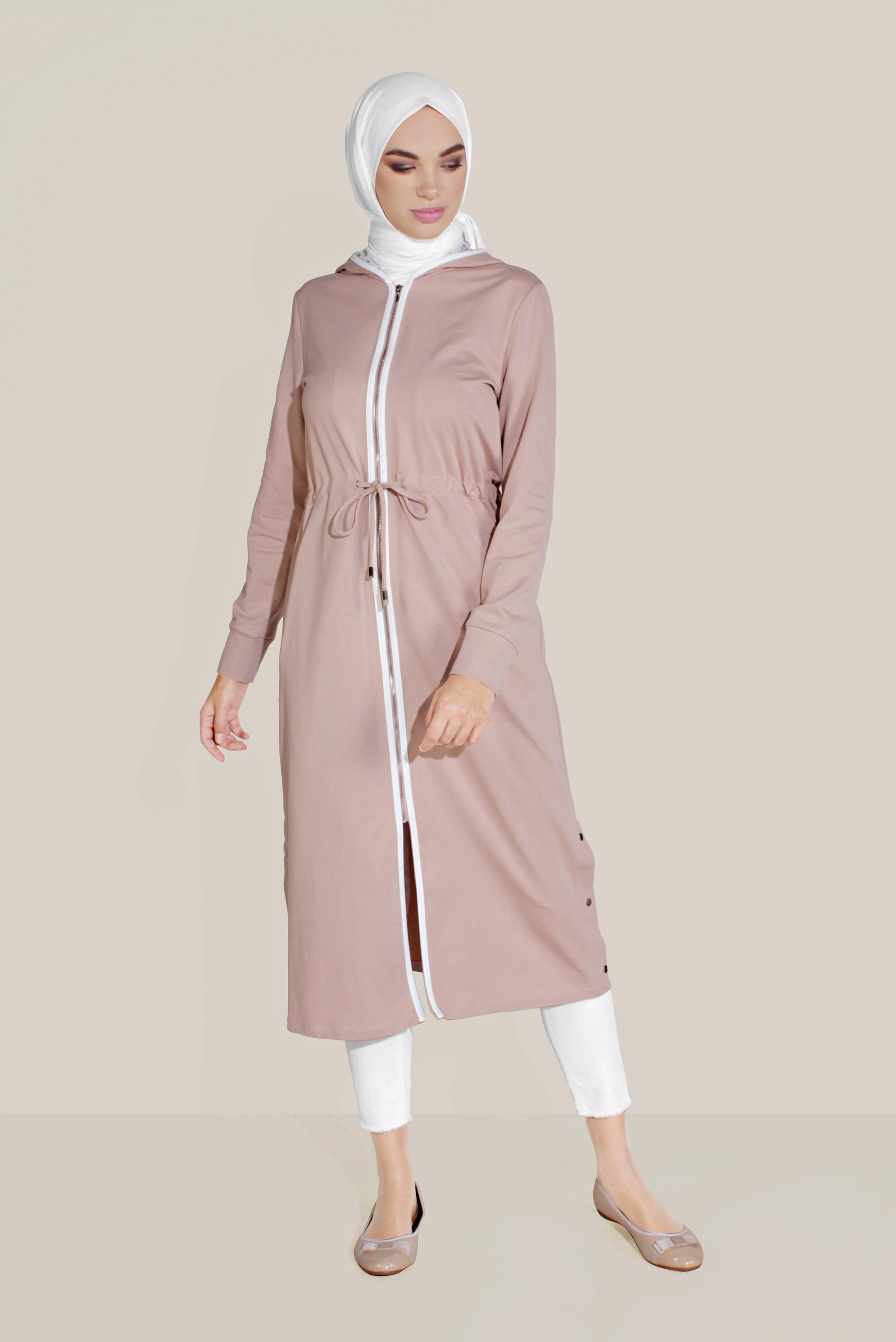 Tesettür giyim PUDRA BELDEN BÜZGÜLÜ KAPÜŞONLU EŞOFMAN TUNİK 40680
