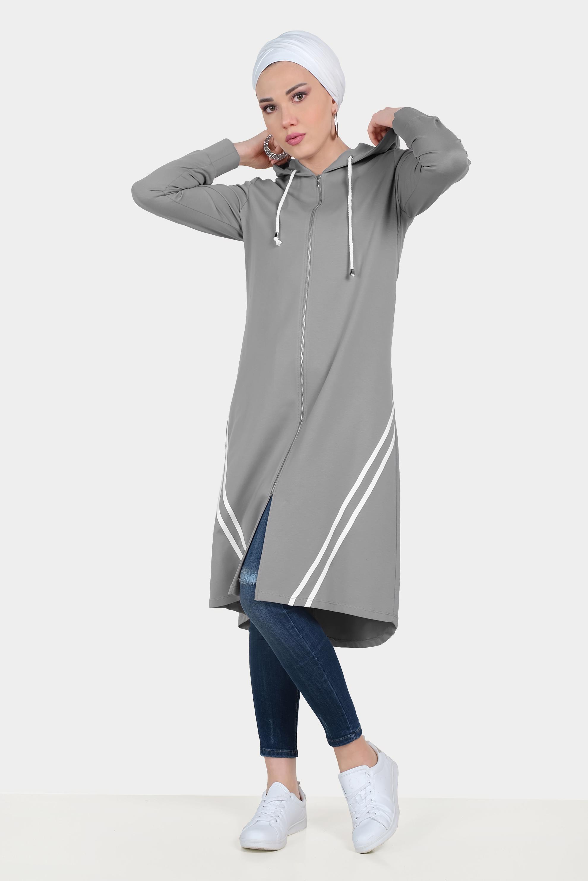 Tesettür giyim GRİ ŞERİT DETAYLI KAPÜŞONLU EŞOFMAN TUNİK 40682 