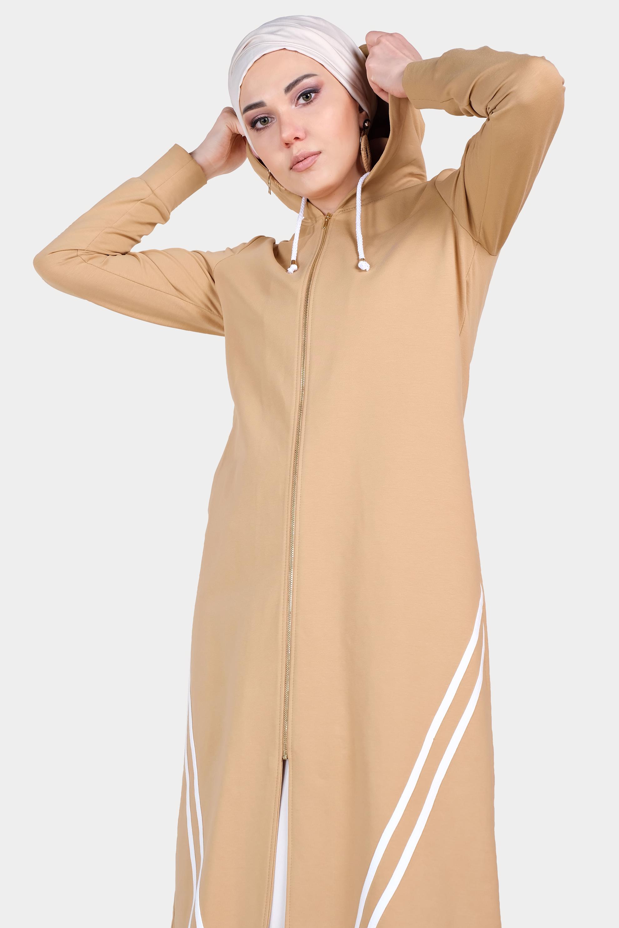 Tesettür giyim KAHVE ŞERİT DETAYLI KAPÜŞONLU EŞOFMAN TUNİK 40682 