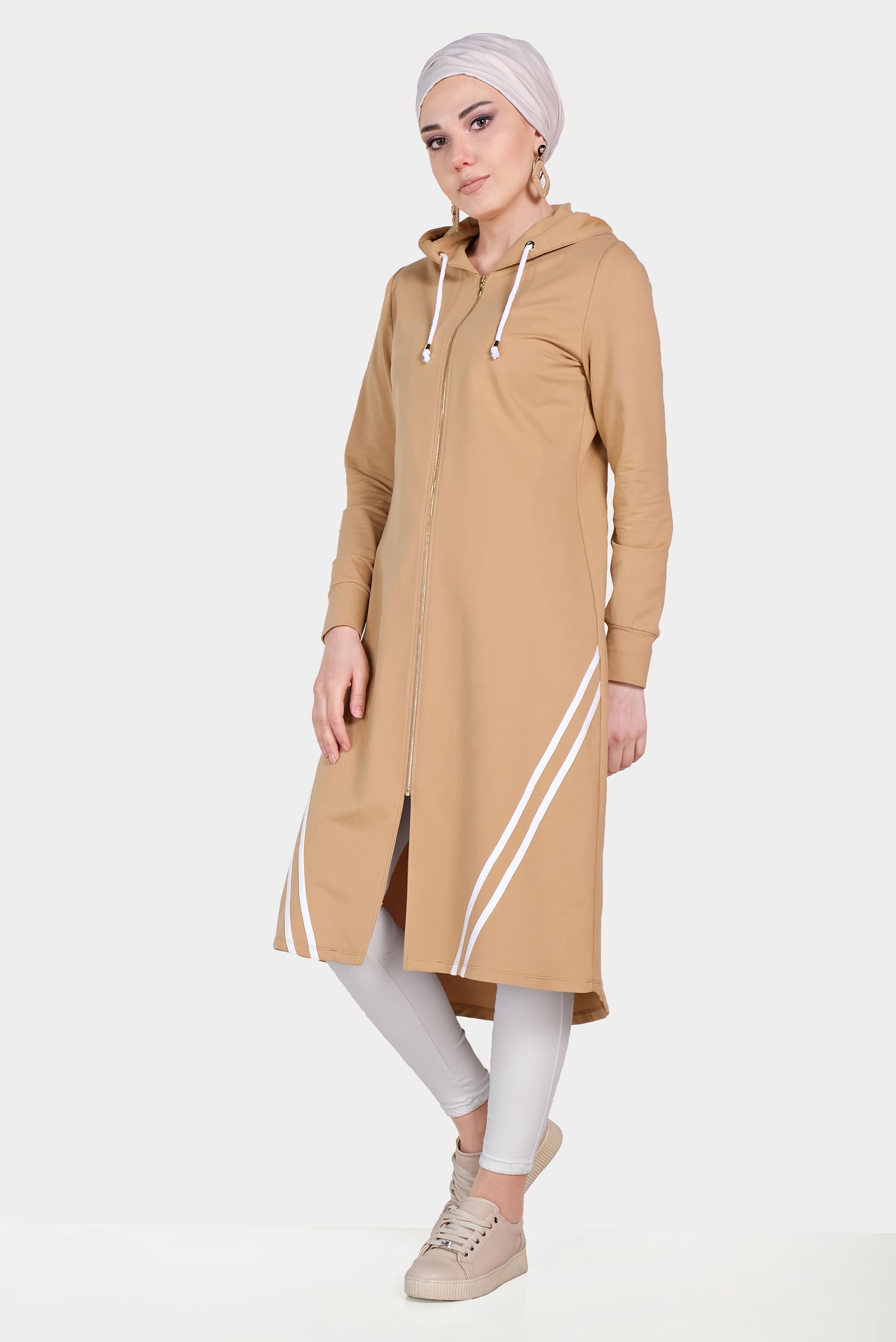 Tesettür giyim KAHVE ŞERİT DETAYLI KAPÜŞONLU EŞOFMAN TUNİK 40682 