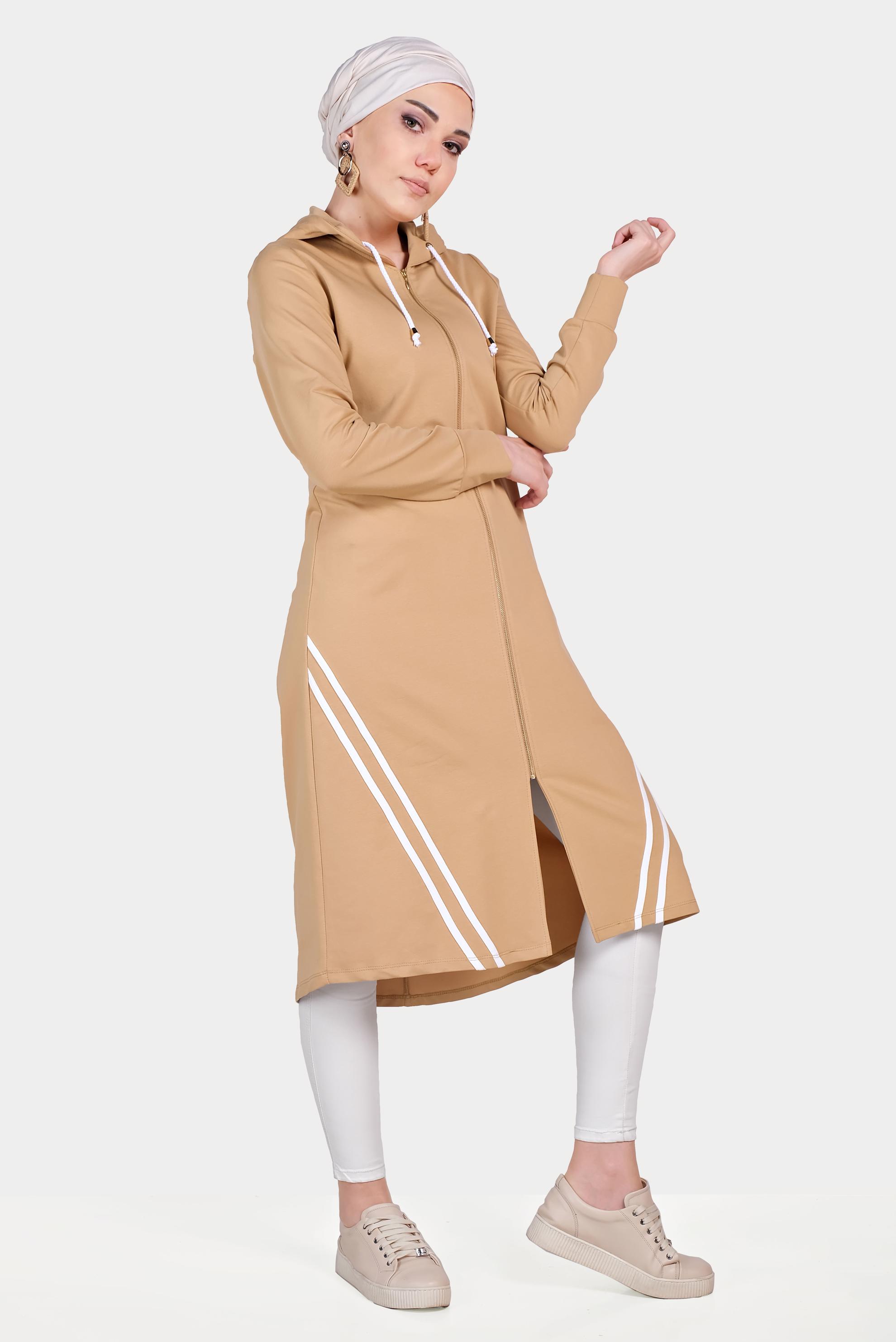 Tesettür giyim KAHVE ŞERİT DETAYLI KAPÜŞONLU EŞOFMAN TUNİK 40682 
