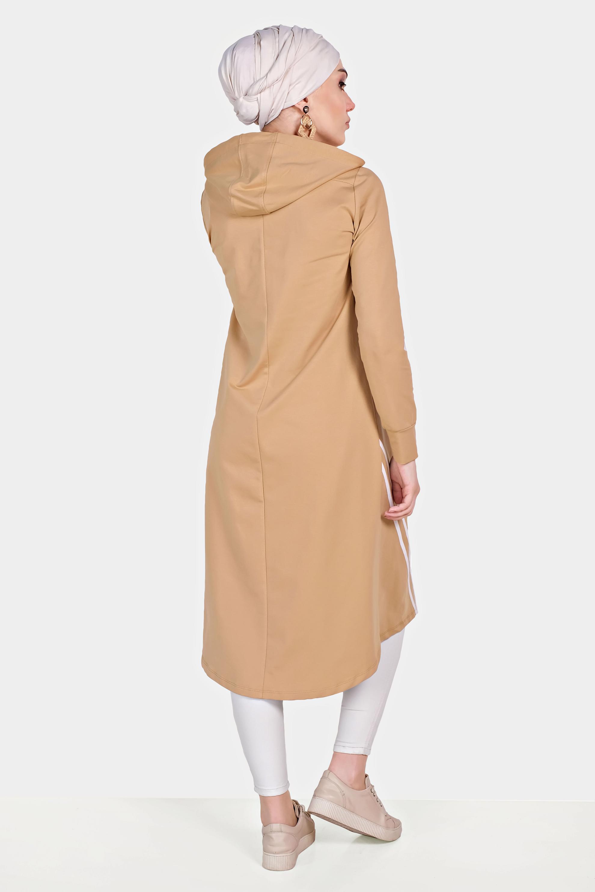 Tesettür giyim KAHVE ŞERİT DETAYLI KAPÜŞONLU EŞOFMAN TUNİK 40682 