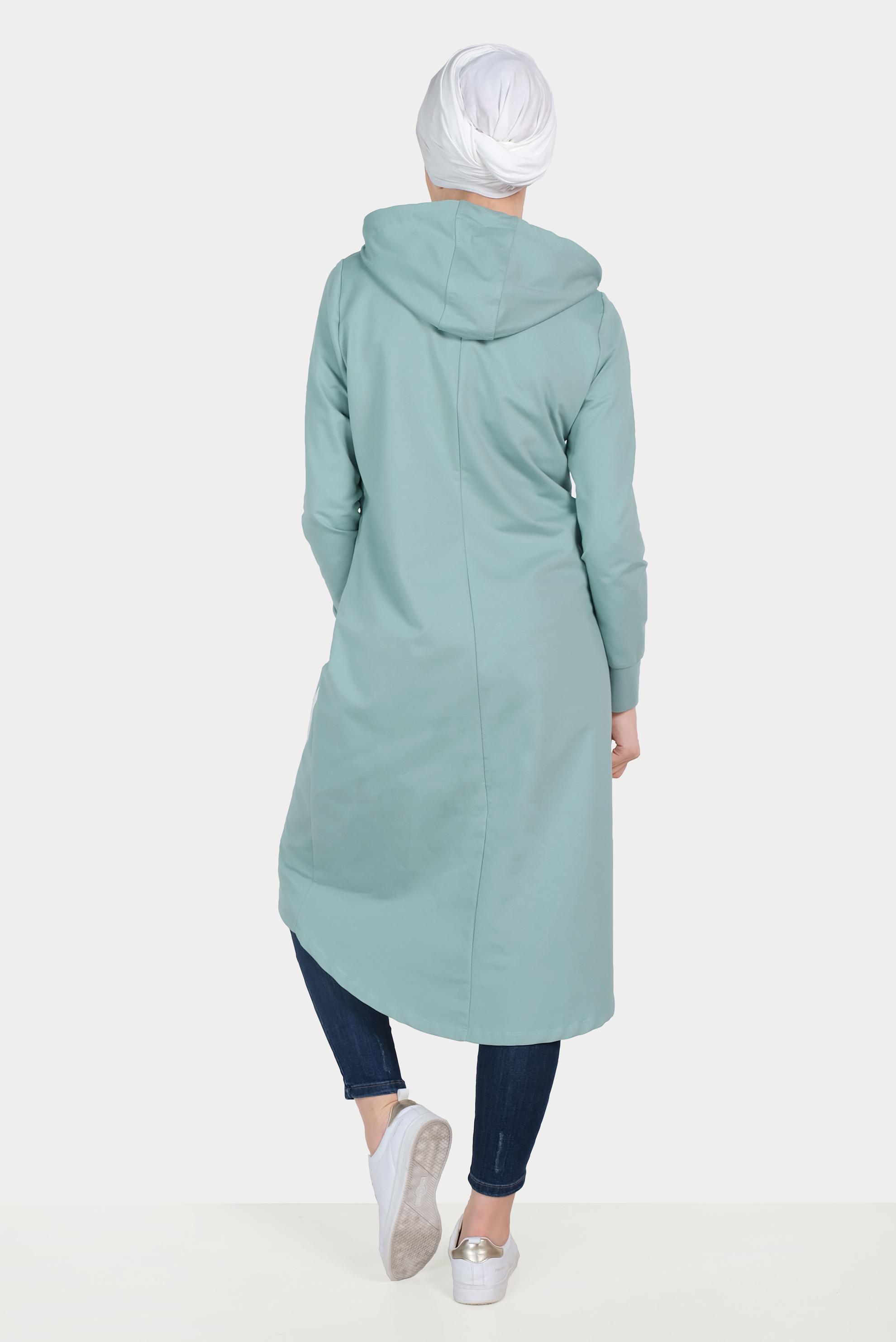 Tesettür giyim YEŞİL ŞERİT DETAYLI KAPÜŞONLU EŞOFMAN TUNİK 40682 