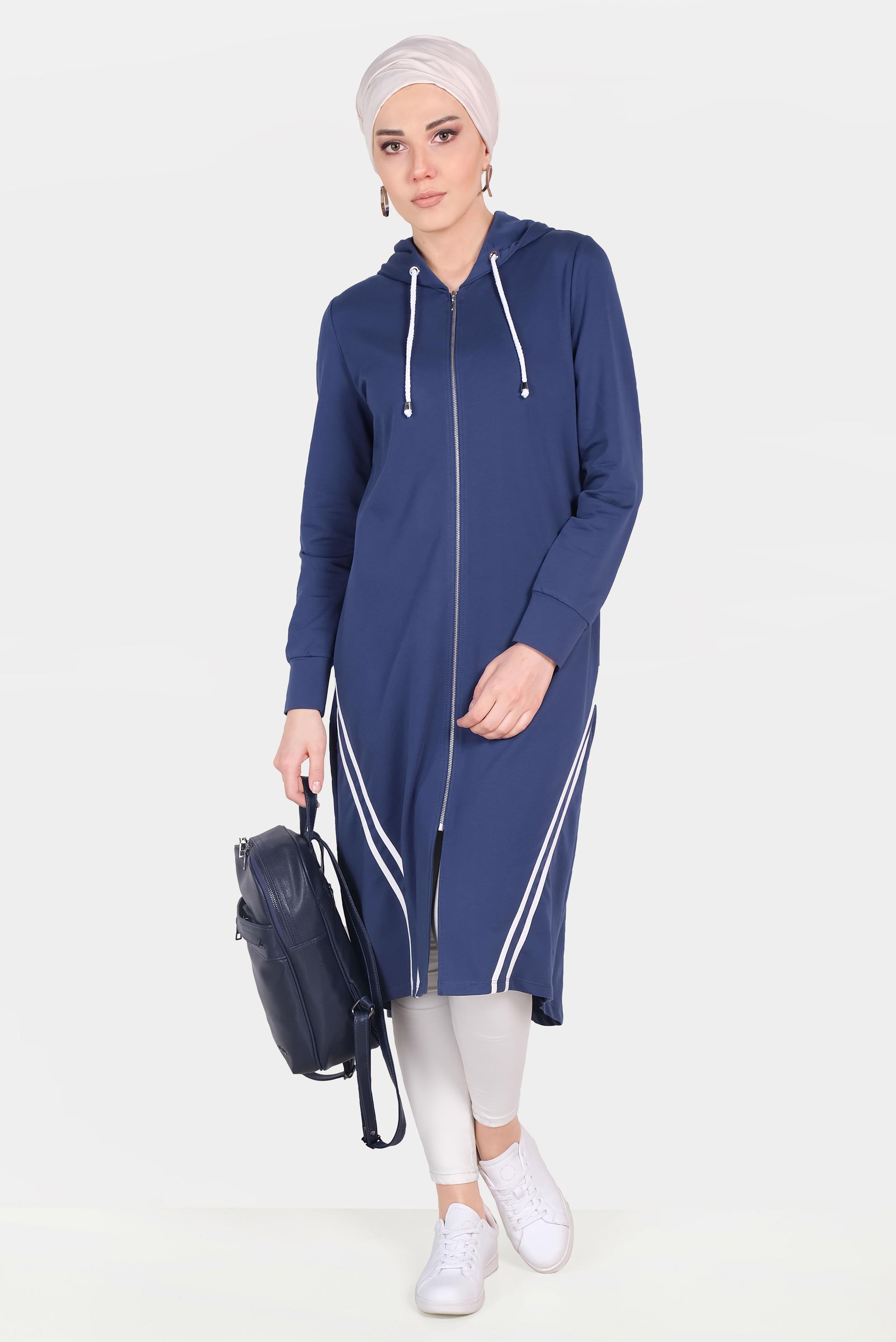 Tesettür giyim LACİVERT ŞERİT DETAYLI KAPÜŞONLU EŞOFMAN TUNİK 40682 