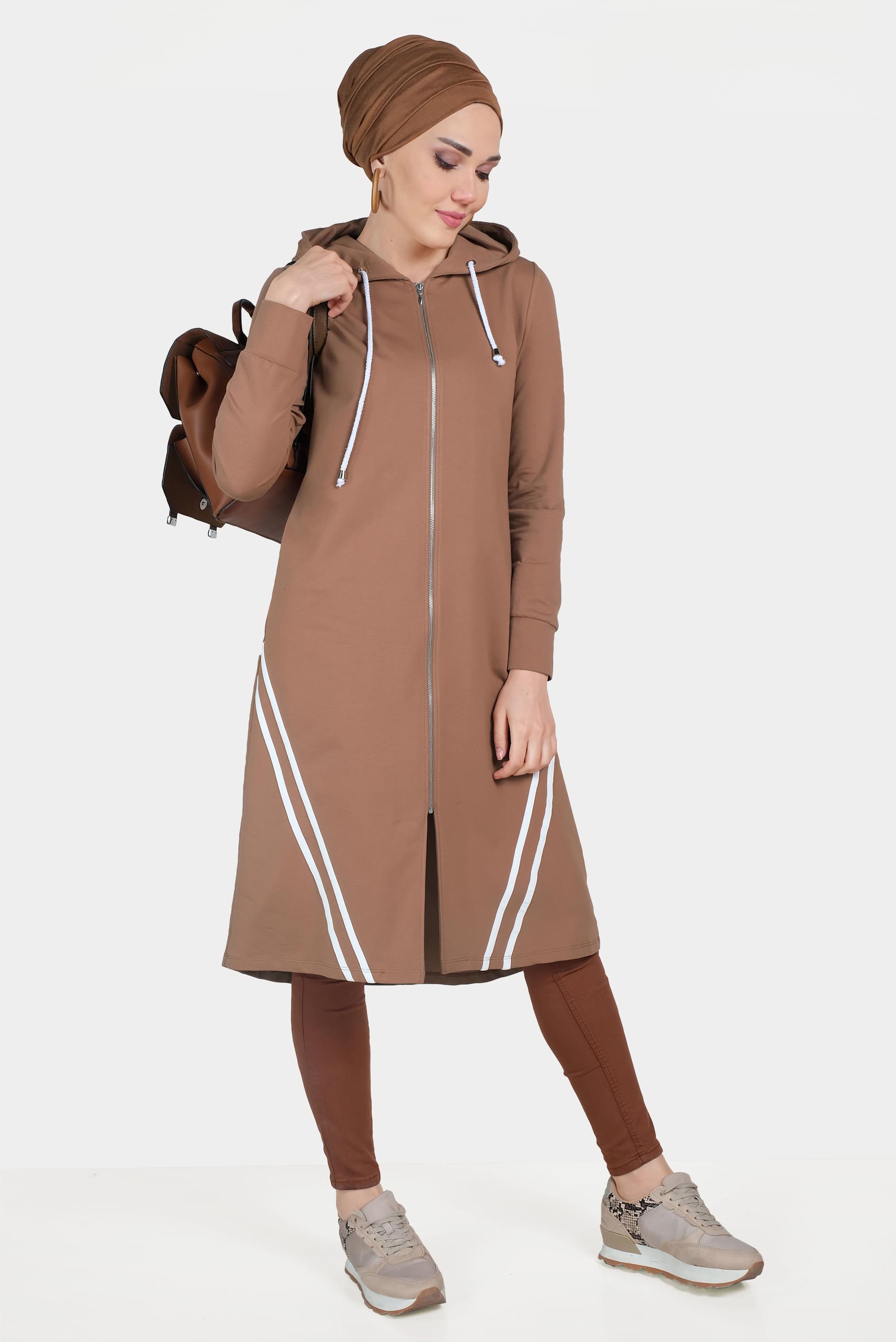 Tesettür giyim KAHVE ŞERİT DETAYLI KAPÜŞONLU EŞOFMAN TUNİK 40682 