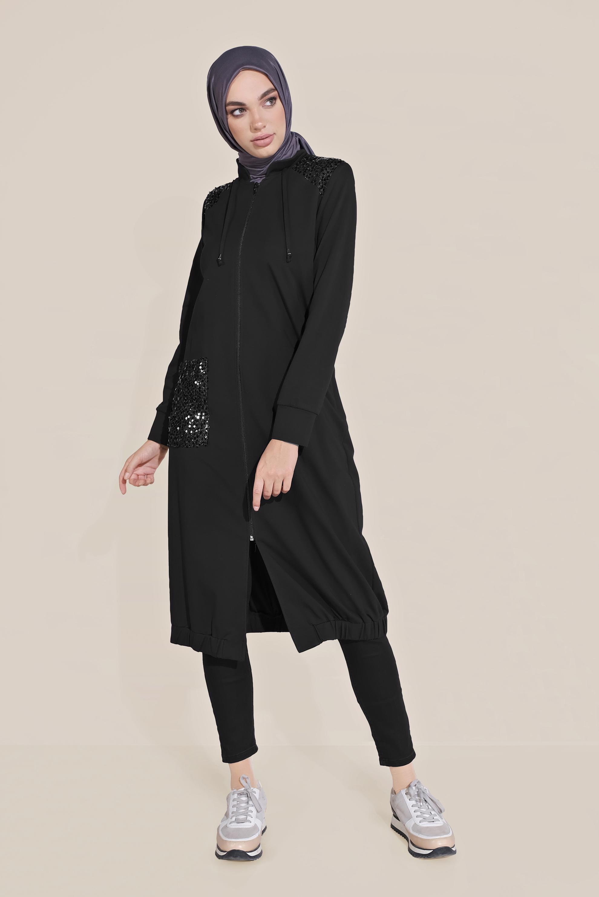 Tesettür giyim SİYAH CEPLERİ PULLU HAKİM YAKA EŞOFMAN TUNİK 40683