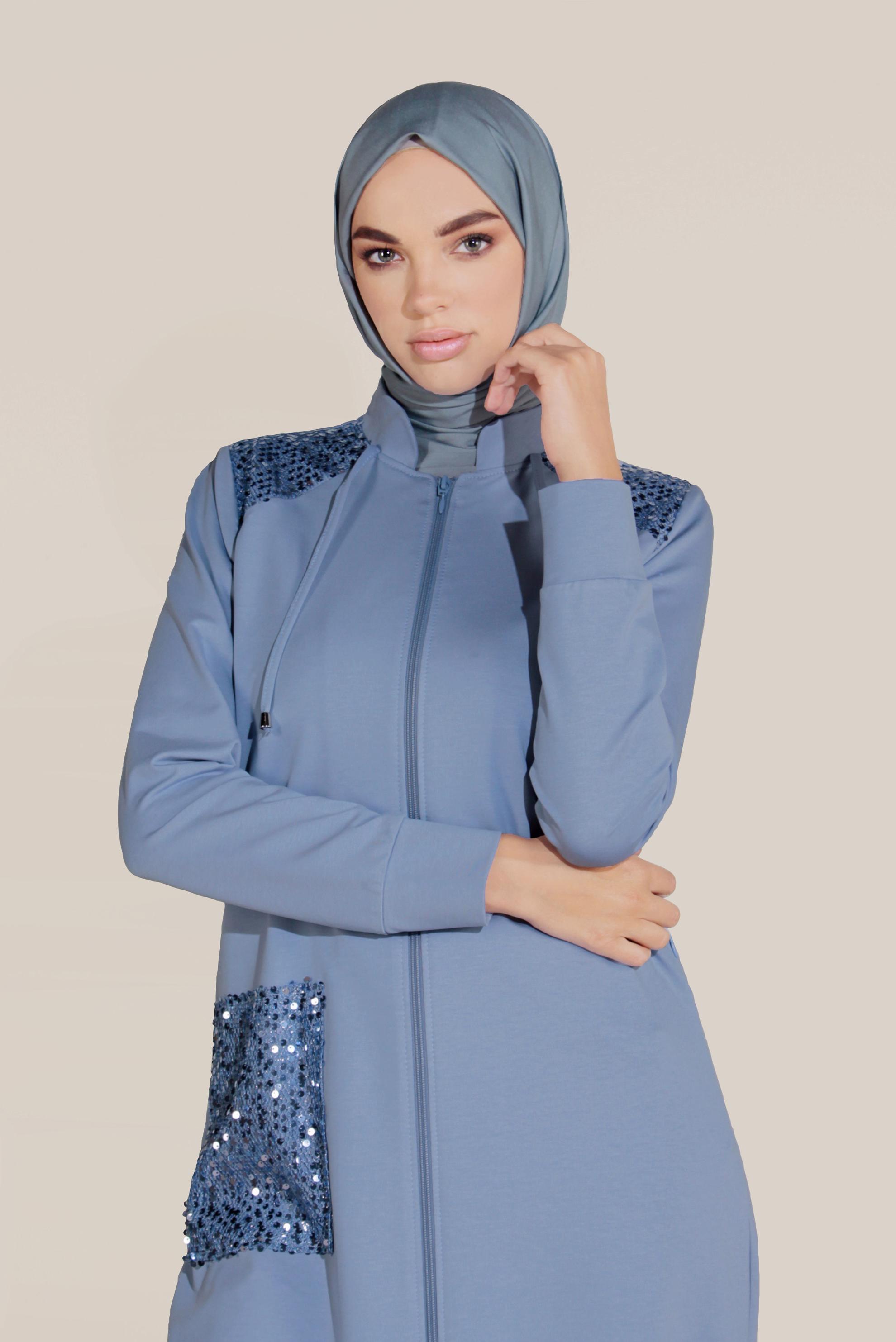 Tesettür giyim MAVİ CEPLERİ PULLU HAKİM YAKA EŞOFMAN TUNİK 40683