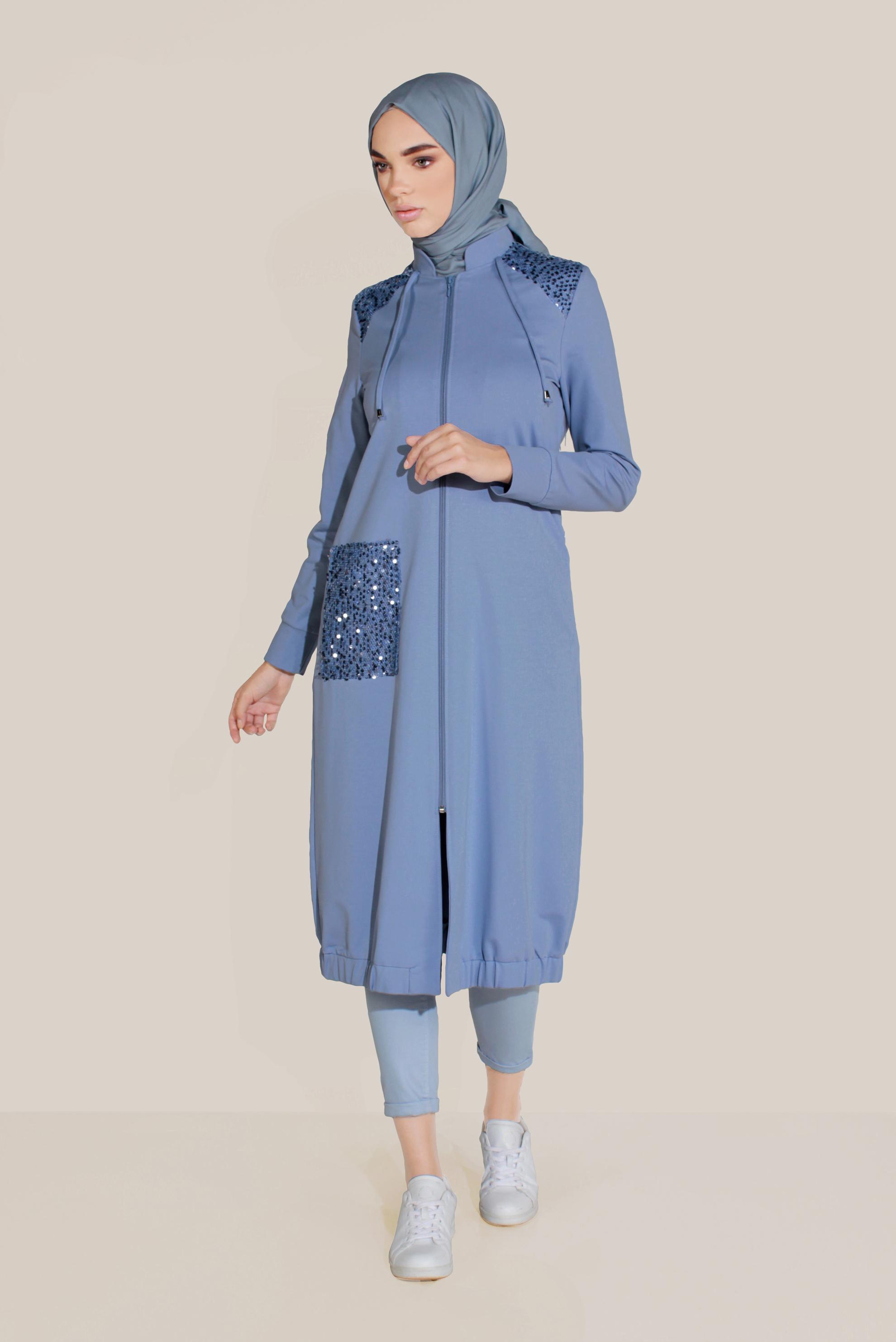 Tesettür giyim MAVİ CEPLERİ PULLU HAKİM YAKA EŞOFMAN TUNİK 40683