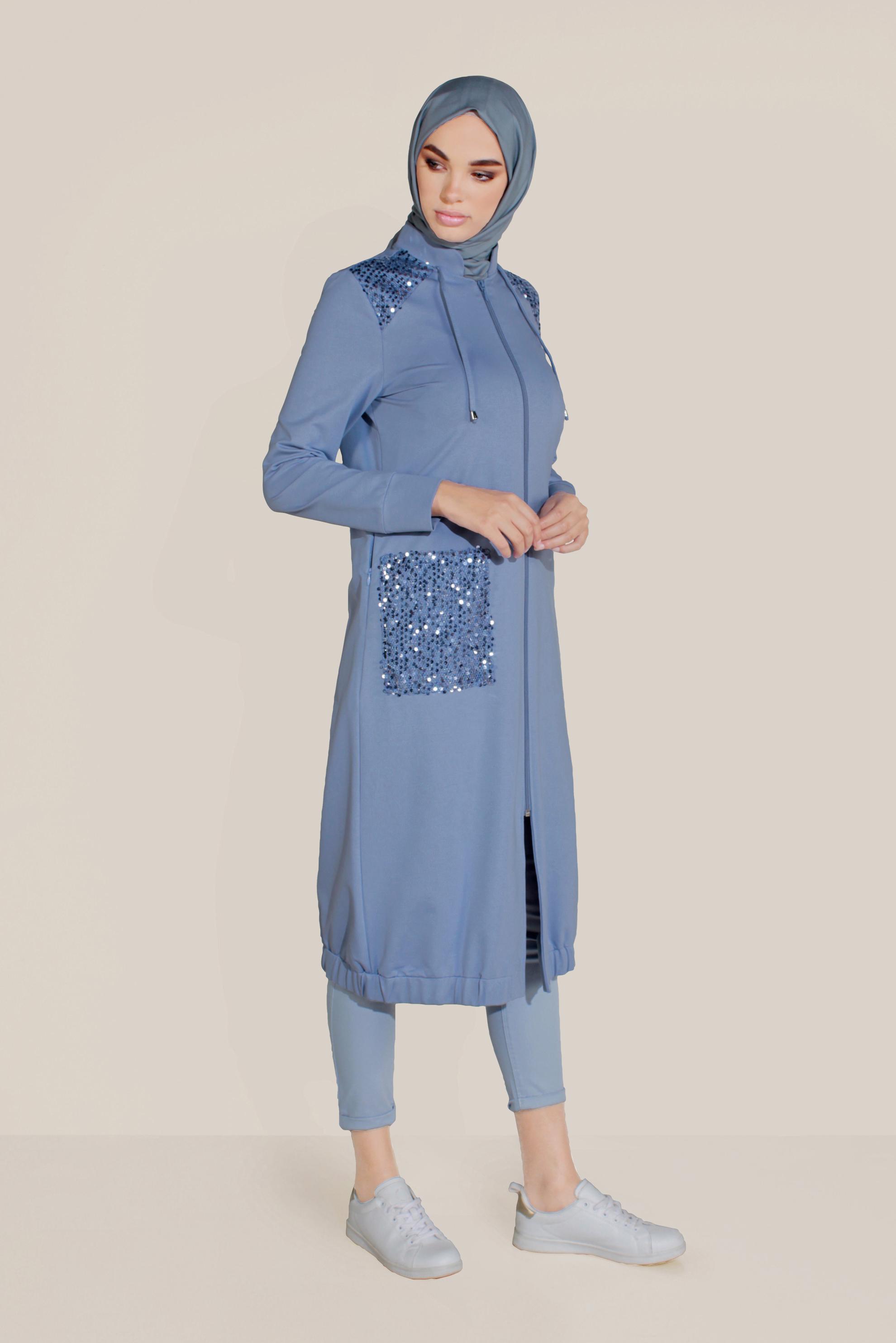 Tesettür giyim MAVİ CEPLERİ PULLU HAKİM YAKA EŞOFMAN TUNİK 40683