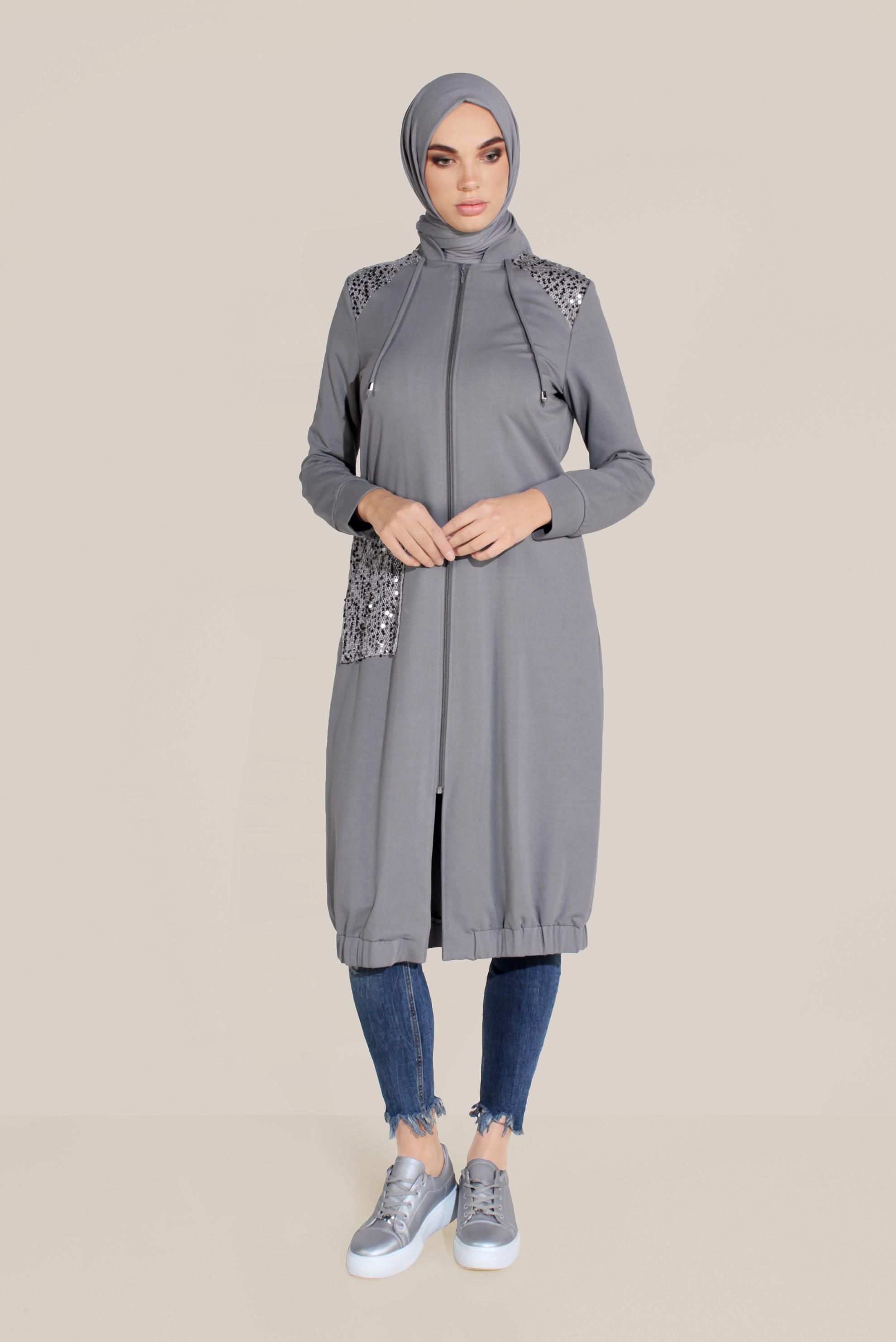 Tesettür giyim GRİ CEPLERİ PULLU HAKİM YAKA EŞOFMAN TUNİK 40683