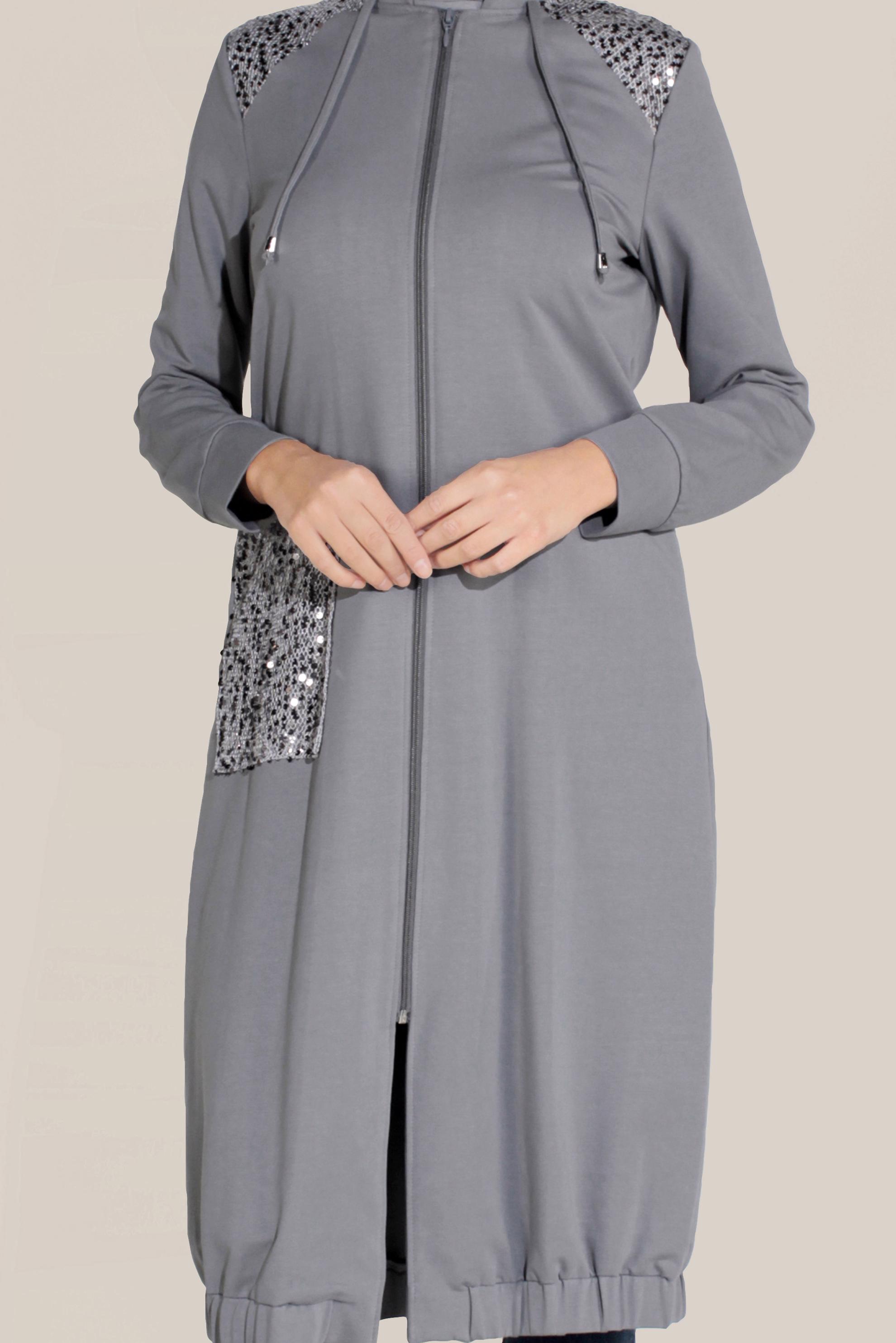 Tesettür giyim GRİ CEPLERİ PULLU HAKİM YAKA EŞOFMAN TUNİK 40683