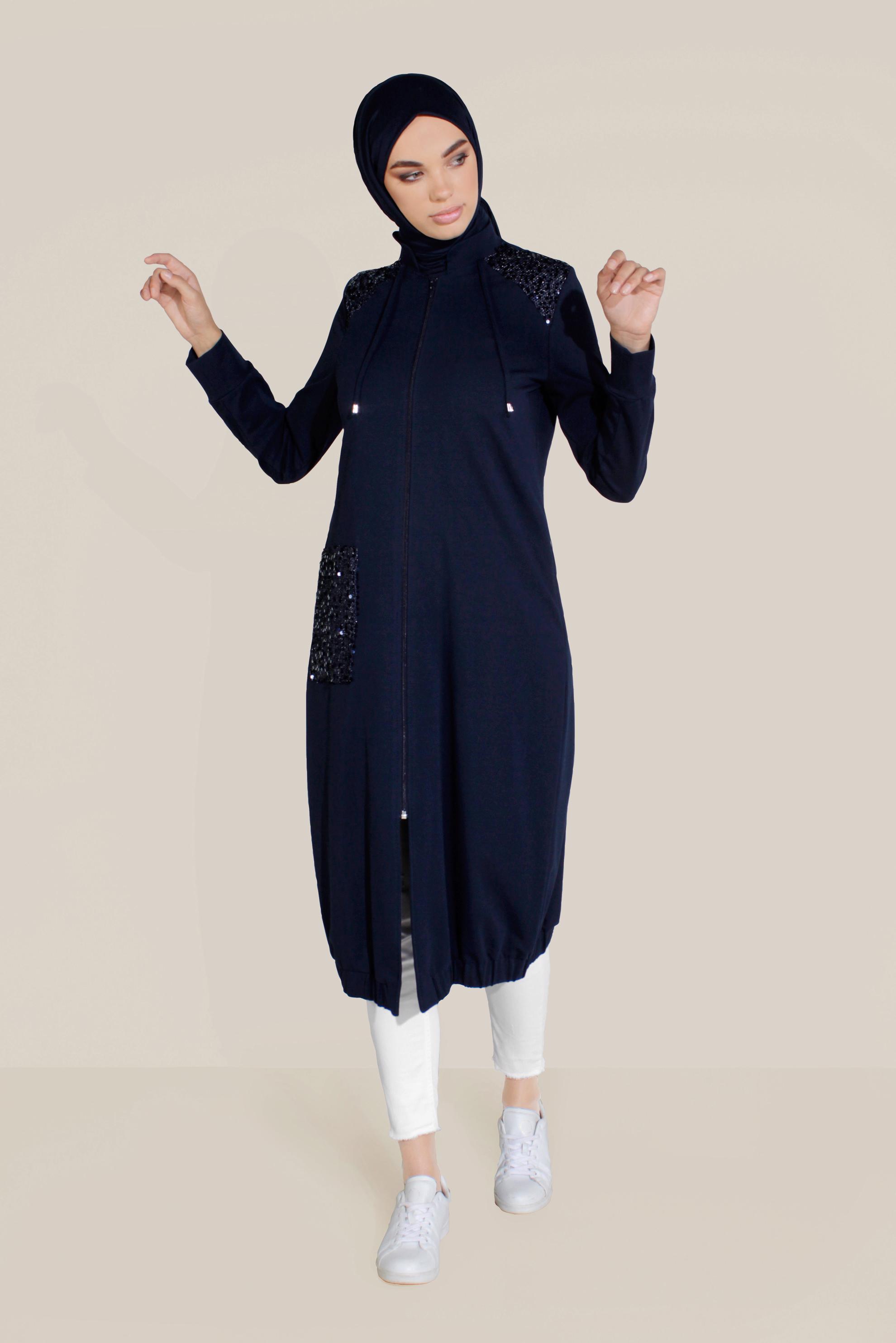 Tesettür giyim LACİVERT CEPLERİ PULLU HAKİM YAKA EŞOFMAN TUNİK 40683