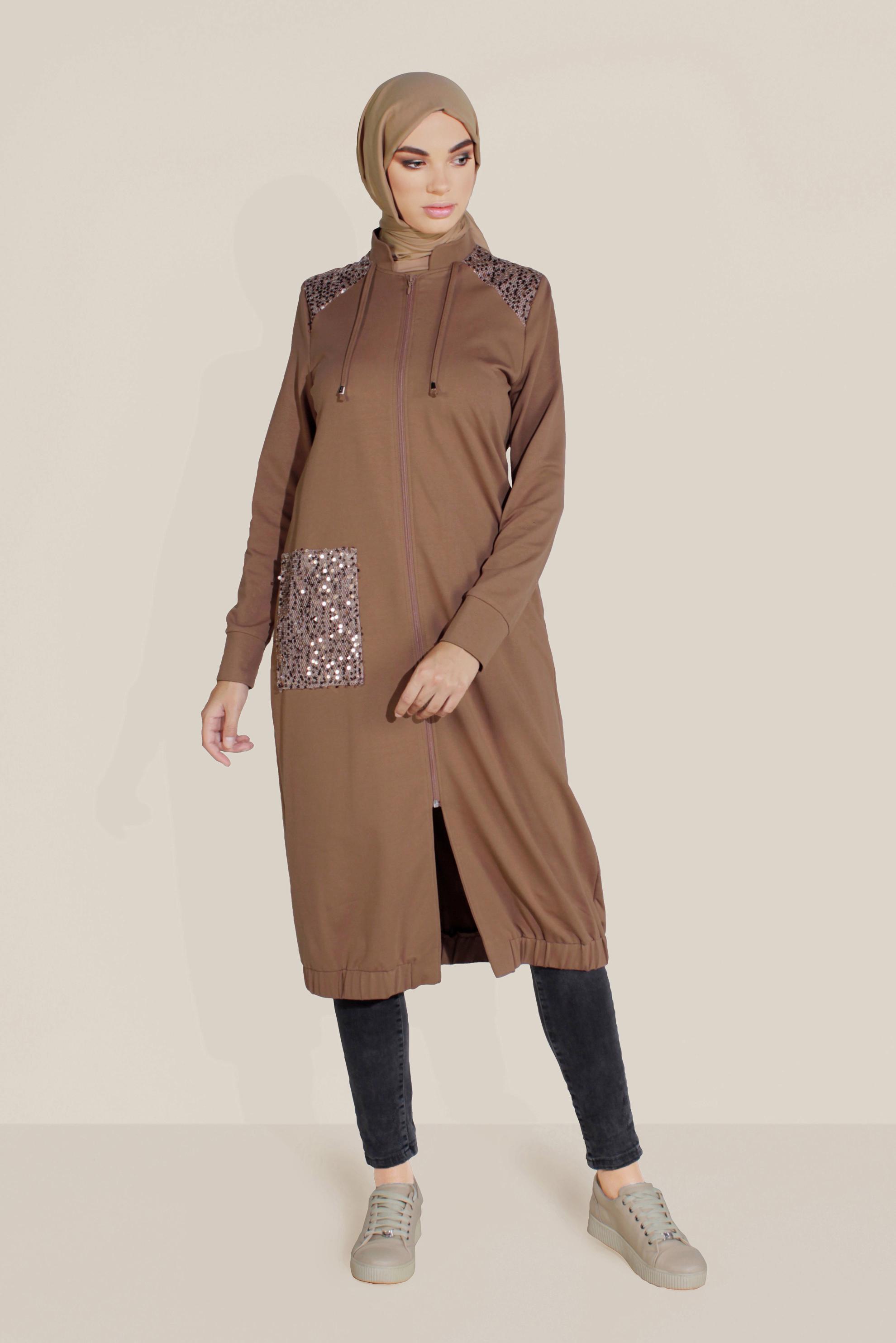 Tesettür giyim KAHVE CEPLERİ PULLU HAKİM YAKA EŞOFMAN TUNİK 40683