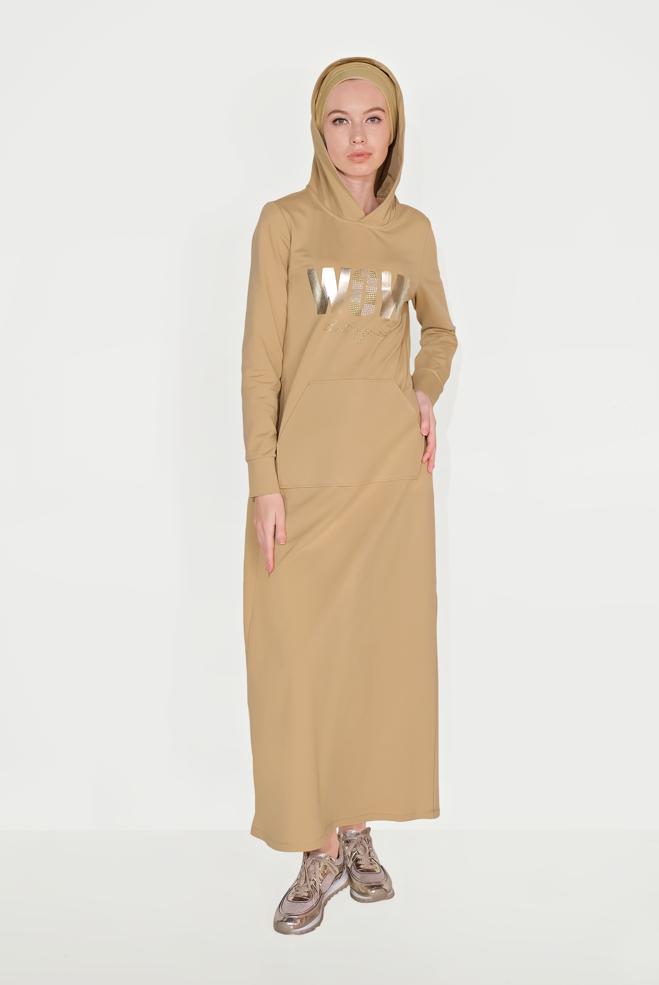 Tesettür giyim KAHVE YAZI BASKILI EŞOFMAN ELBİSE 40684  - ALVİNA