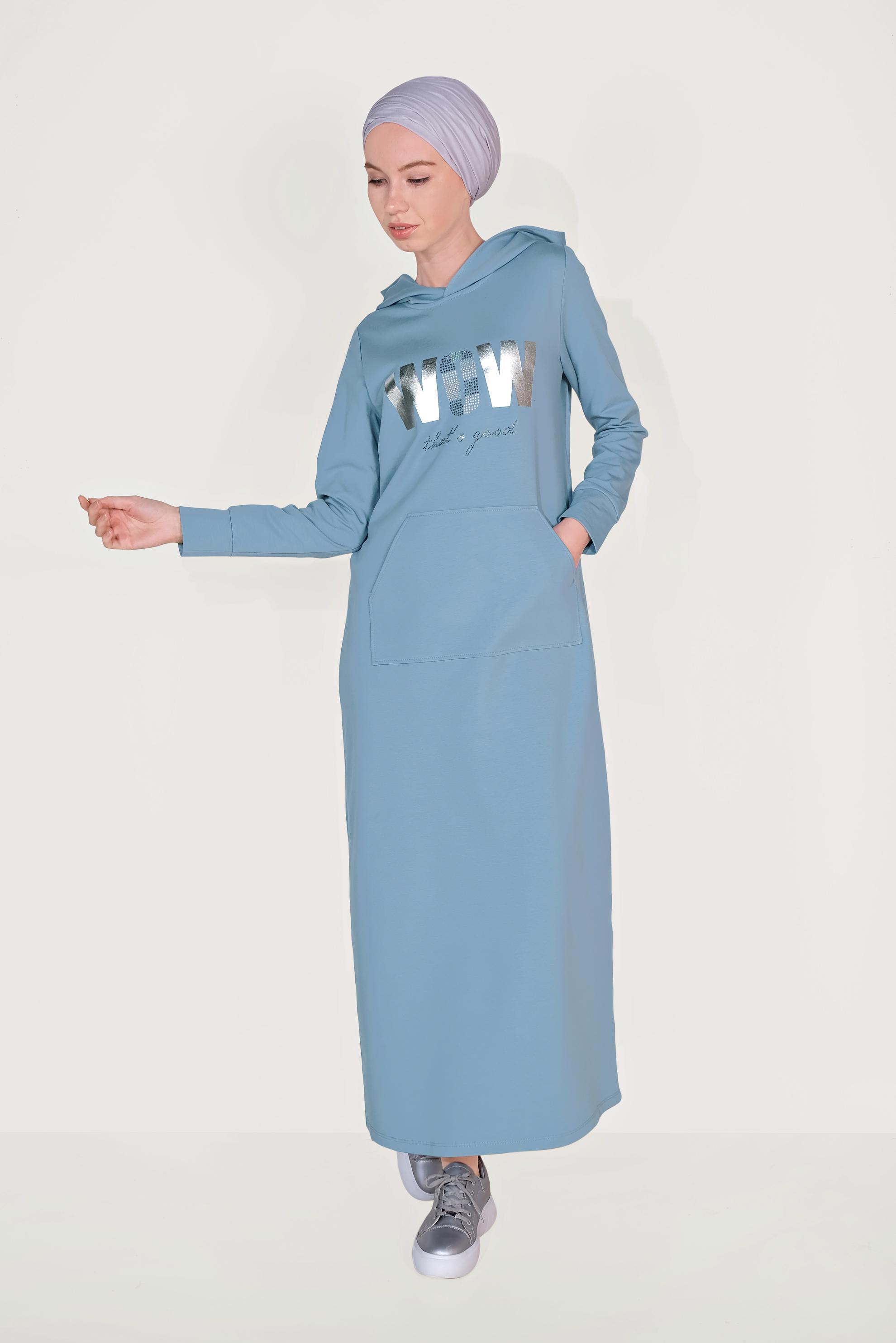 Hijab clothing BLUE  Printed Tracksuit Dress 40684 