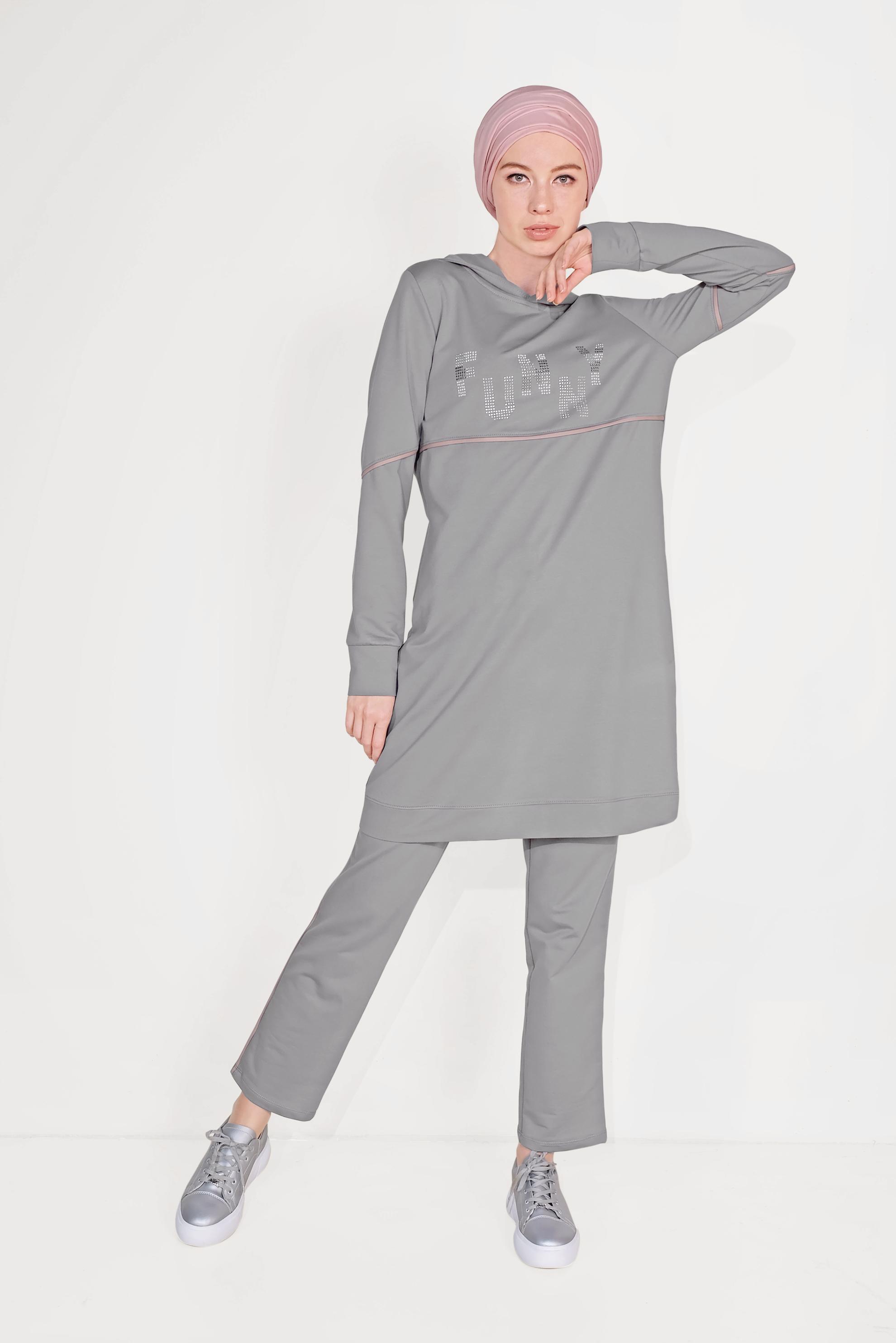 Hijab clothing GREY STONE-PRINT HOODED COTTON TRACKSUIT 40685