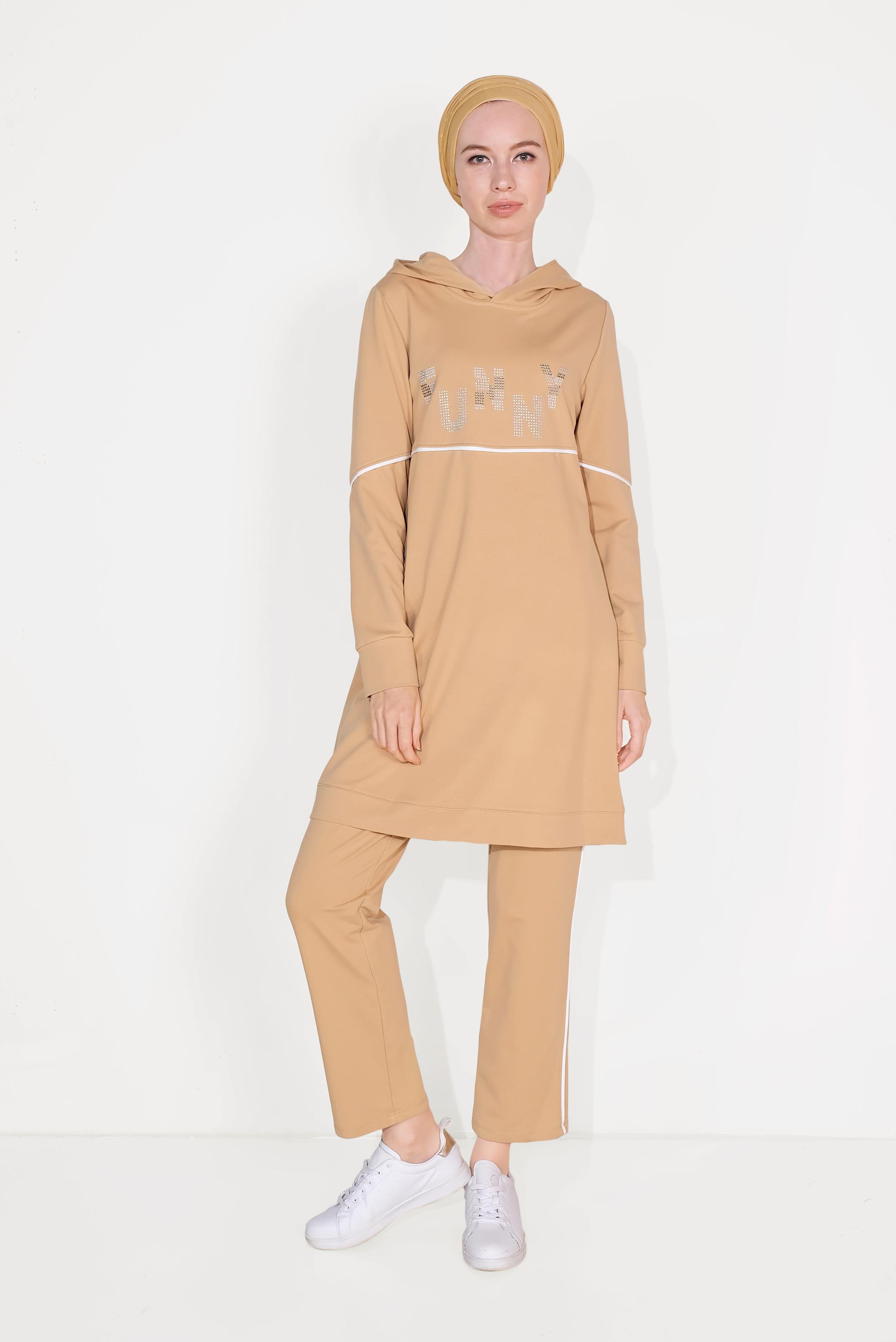 Hijab clothing BROWN STONE-PRINT HOODED COTTON TRACKSUIT 40685