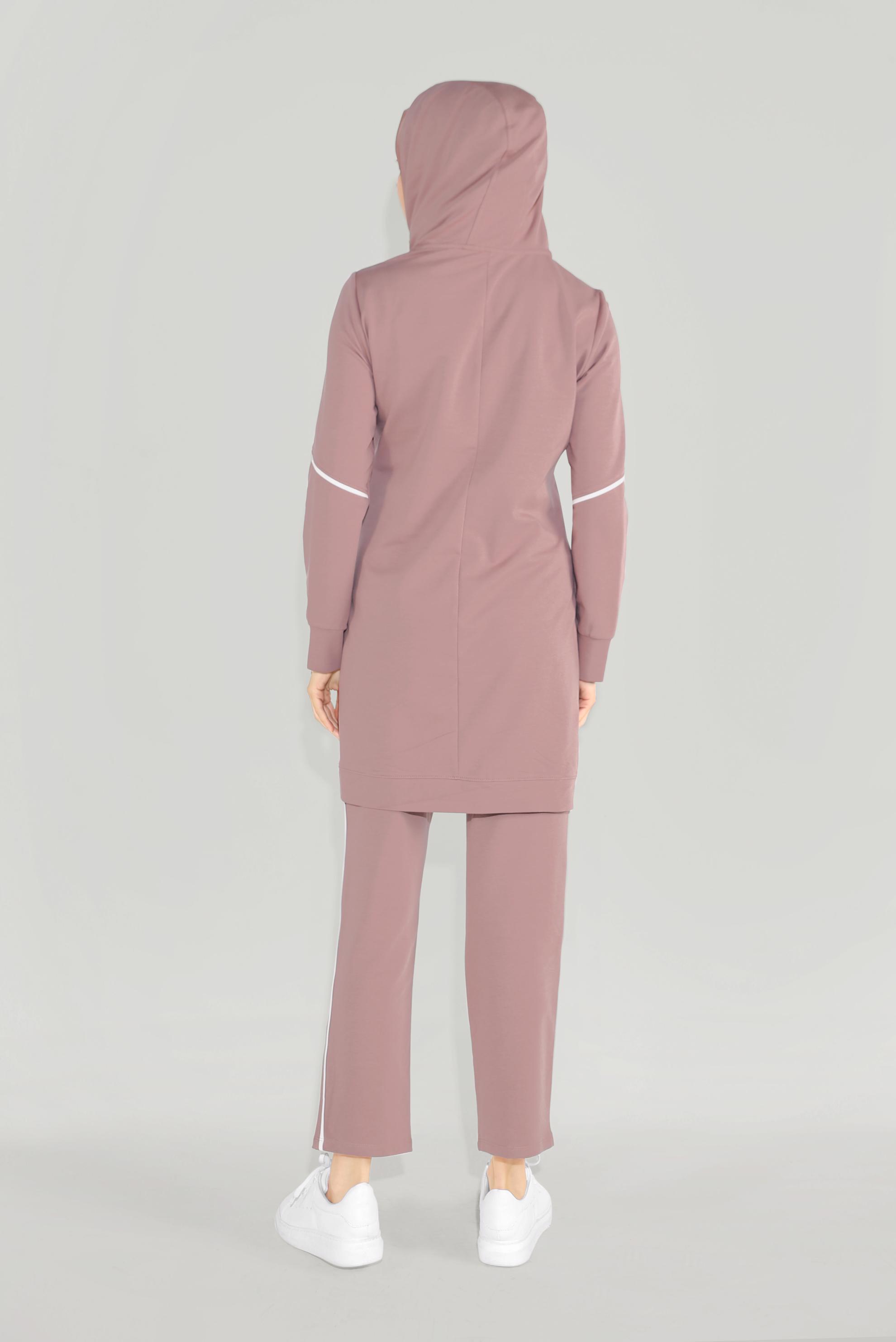 Tesettür giyim PEMBE PAMUKLU TAŞ BASKILI KAPÜŞONLU EŞOFMAN TAKIM 40685