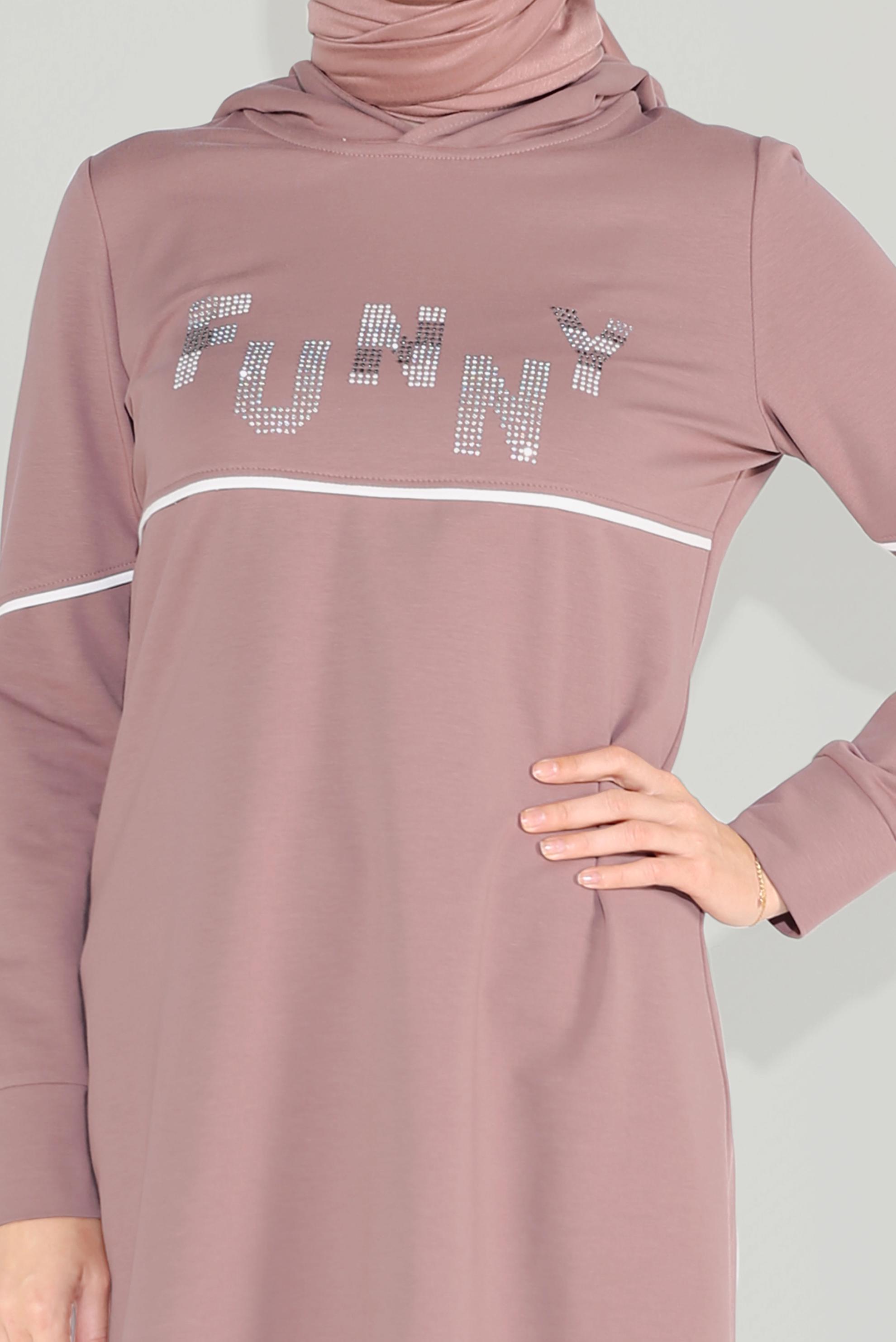 Tesettür giyim PEMBE PAMUKLU TAŞ BASKILI KAPÜŞONLU EŞOFMAN TAKIM 40685