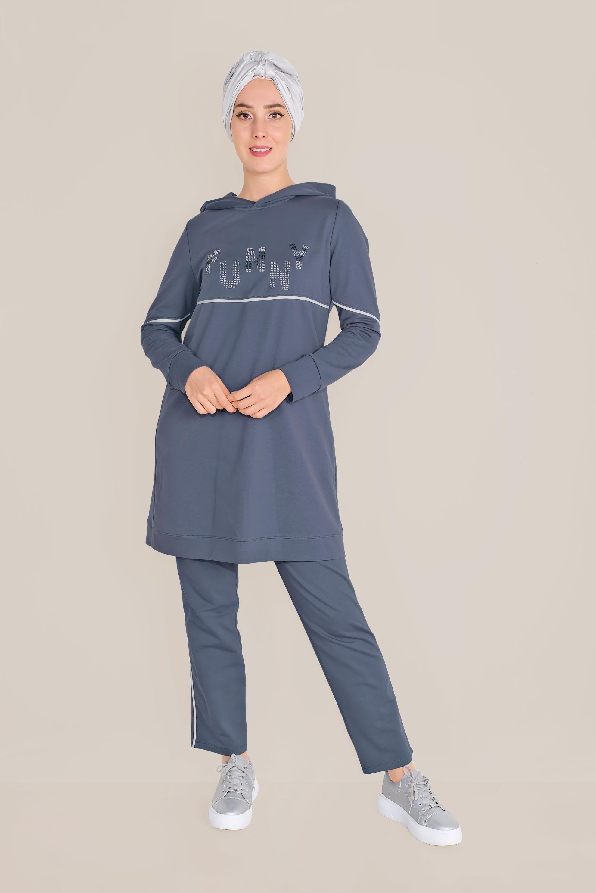 Tesettür giyim LACİVERT PAMUKLU TAŞ BASKILI KAPÜŞONLU EŞOFMAN TAKIM 40685