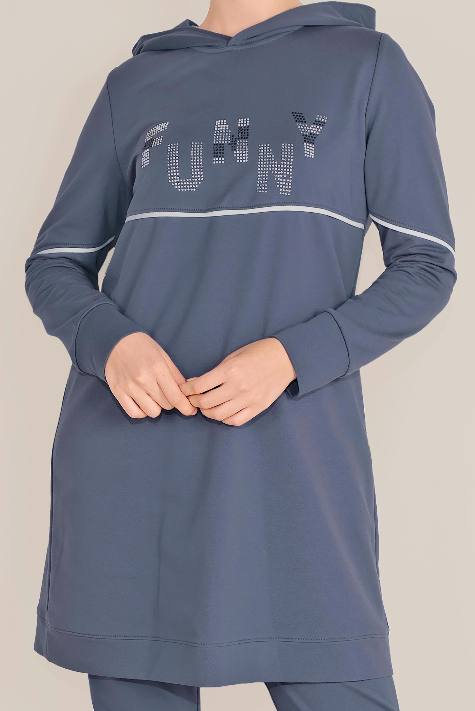 Tesettür giyim LACİVERT PAMUKLU TAŞ BASKILI KAPÜŞONLU EŞOFMAN TAKIM 40685