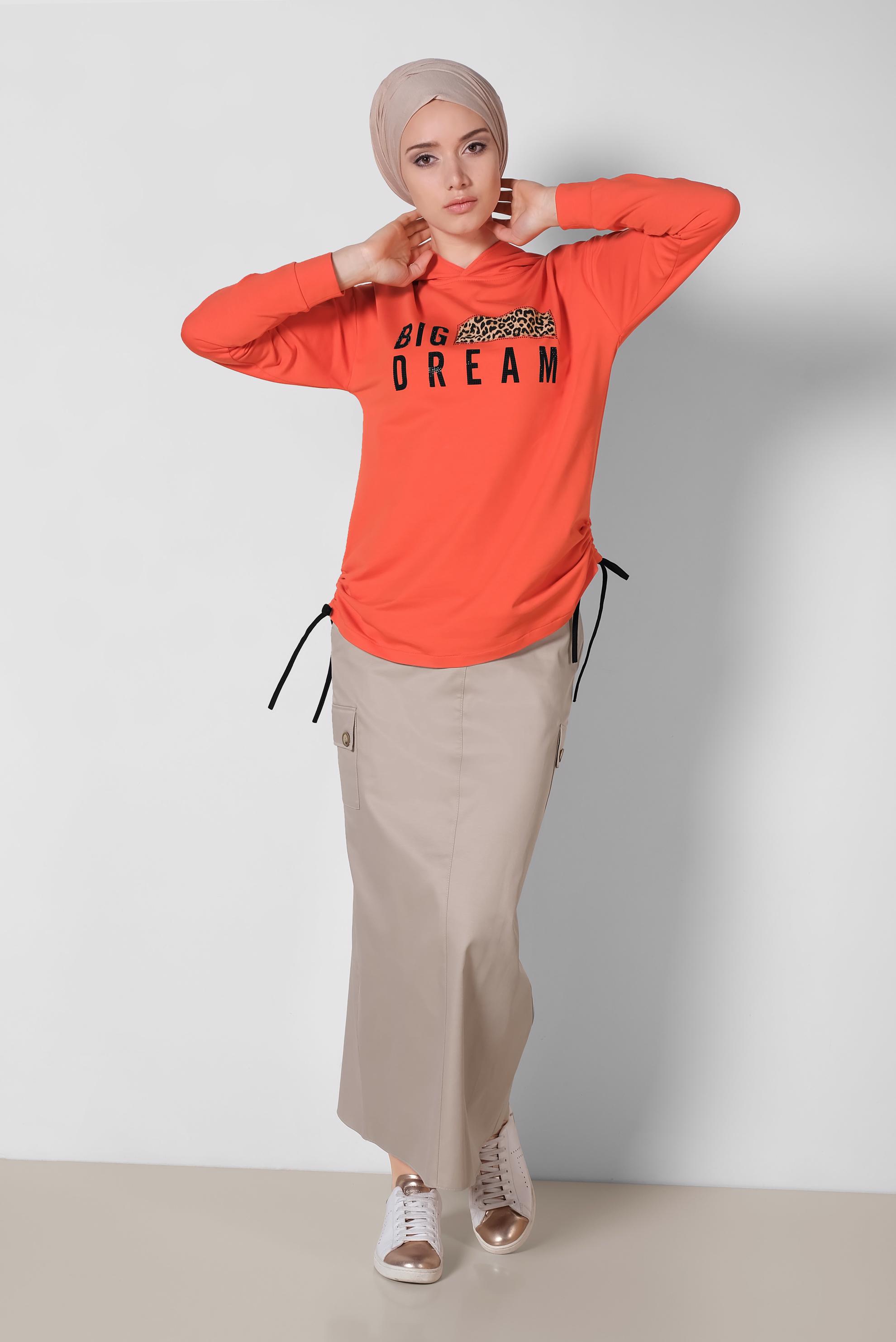 Tesettür giyim TURUNCU YAZI VE LEOPAR BASKILI TUNİK 4070