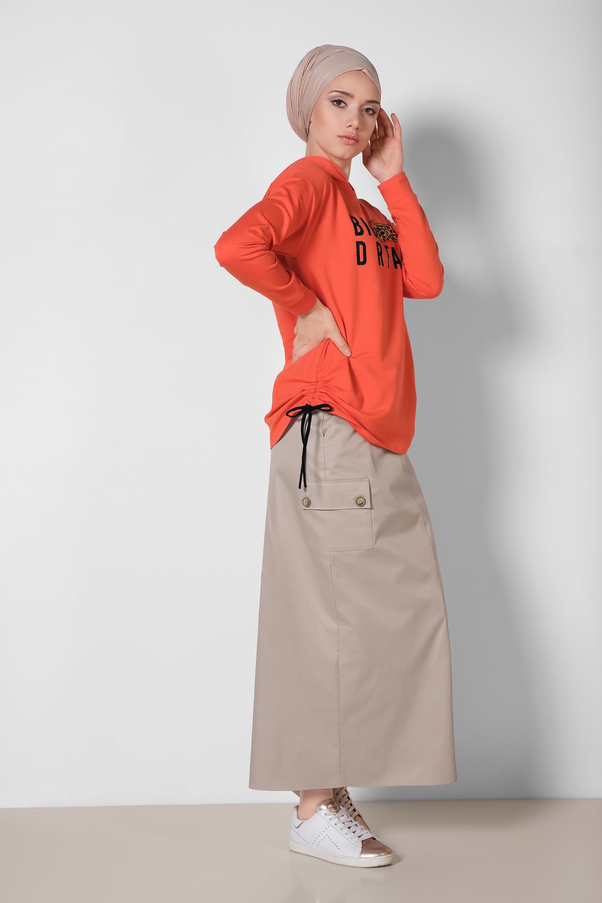 Tesettür giyim TURUNCU YAZI VE LEOPAR BASKILI TUNİK 4070