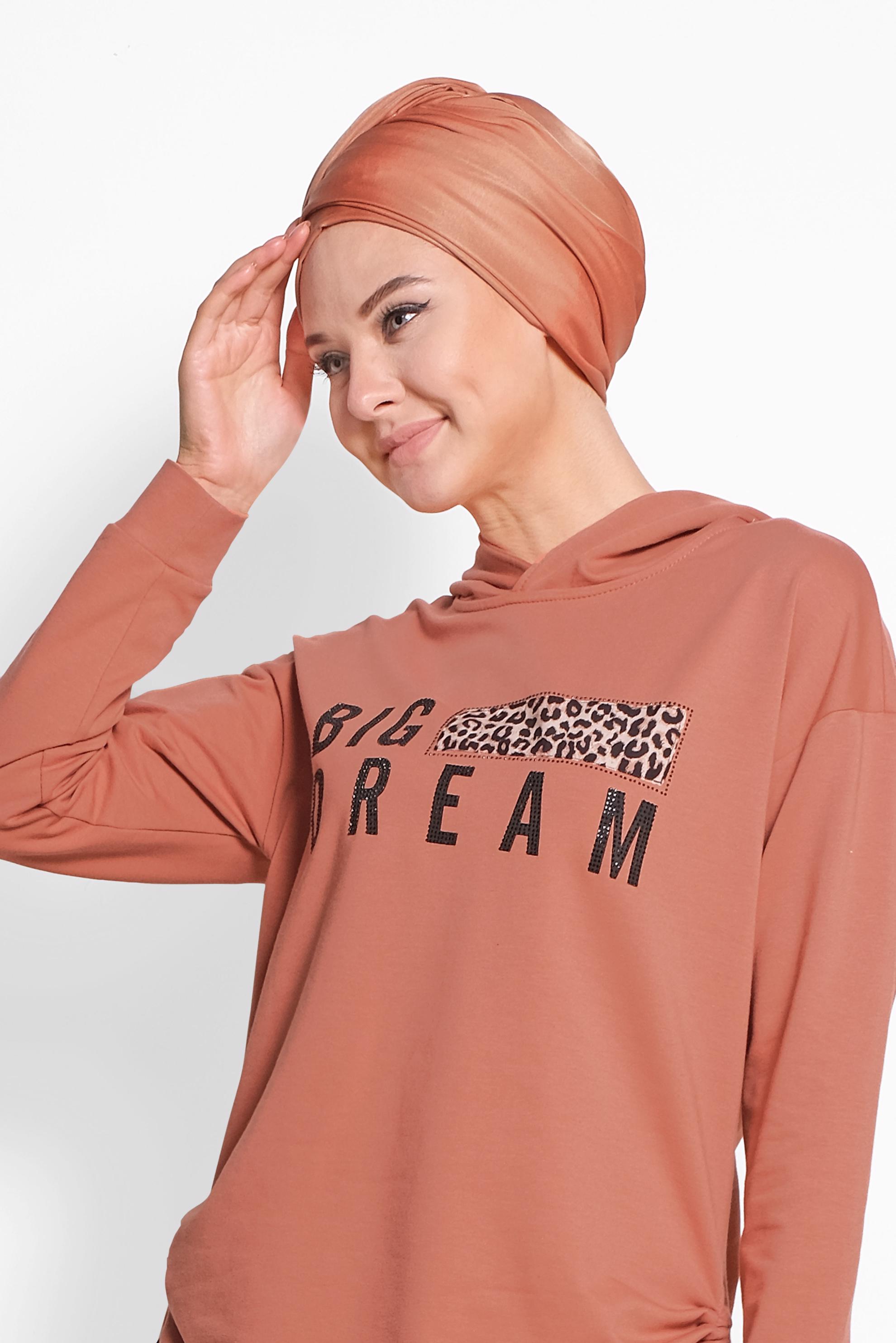 Tesettür giyim TURUNCU YAZI VE LEOPAR BASKILI TUNİK 4070