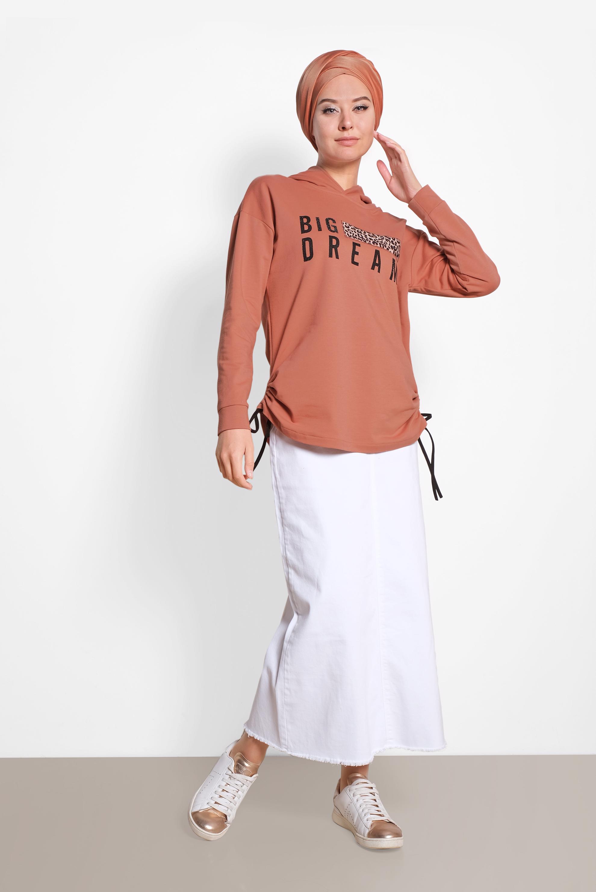 Tesettür giyim TURUNCU YAZI VE LEOPAR BASKILI TUNİK 4070