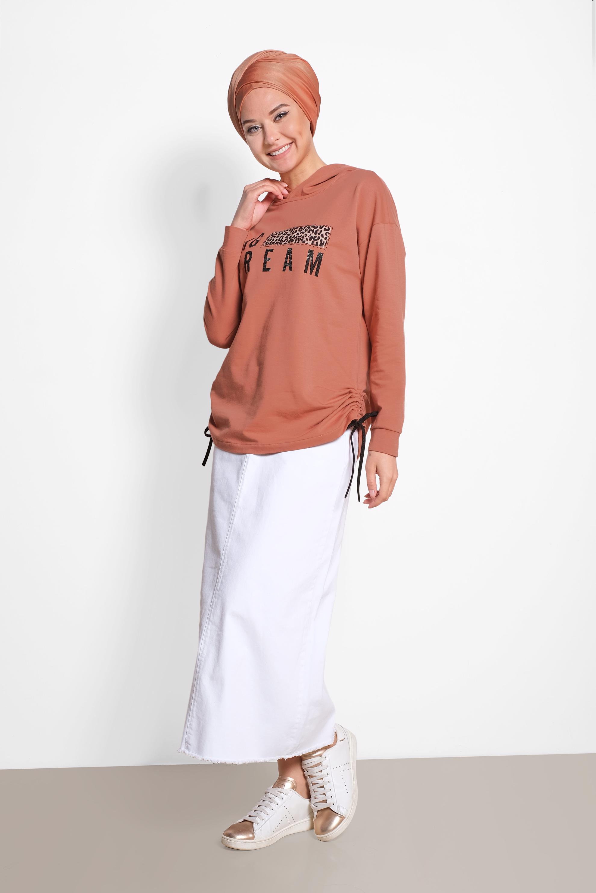 Tesettür giyim TURUNCU YAZI VE LEOPAR BASKILI TUNİK 4070