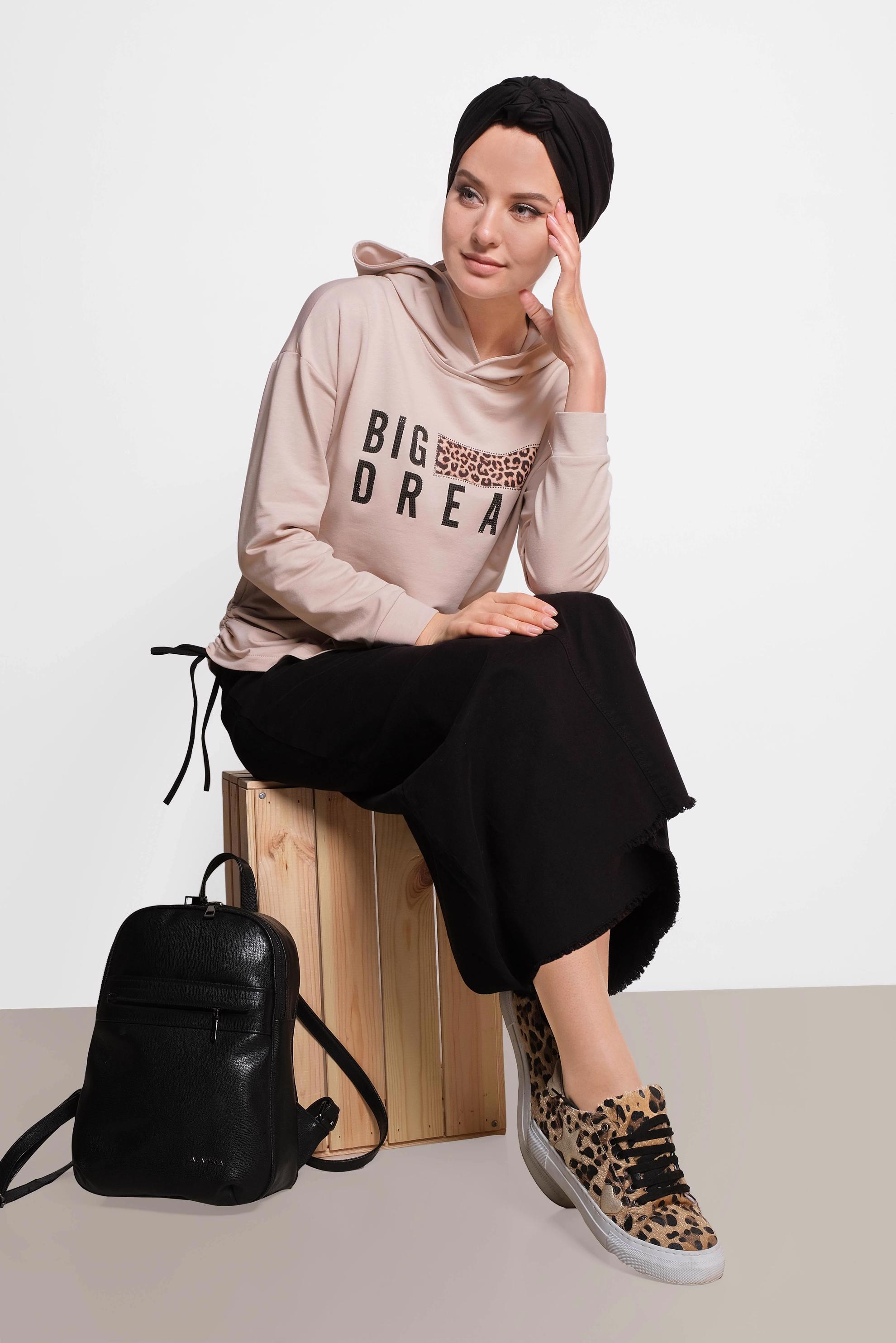 Tesettür giyim BEJ YAZI VE LEOPAR BASKILI TUNİK 4070