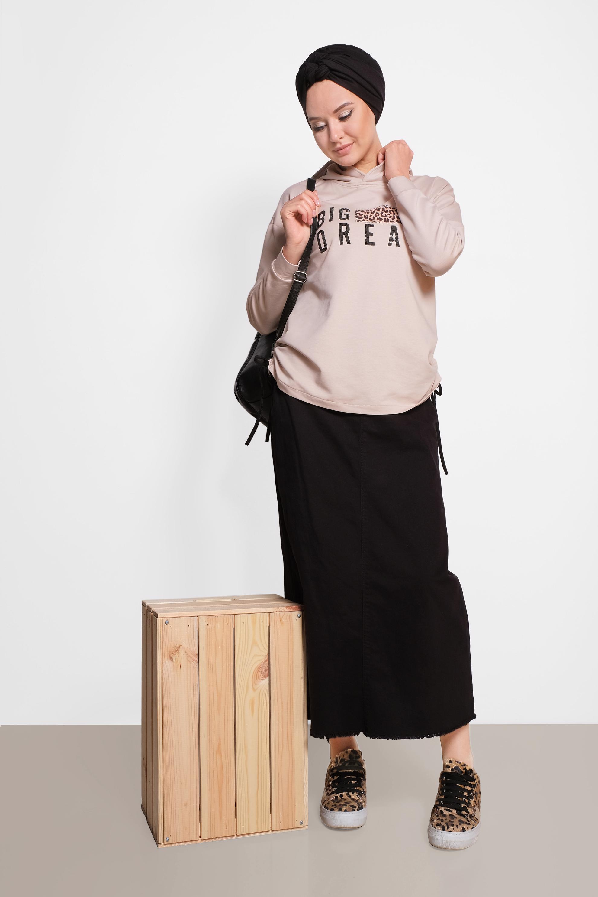 Tesettür giyim BEJ YAZI VE LEOPAR BASKILI TUNİK 4070