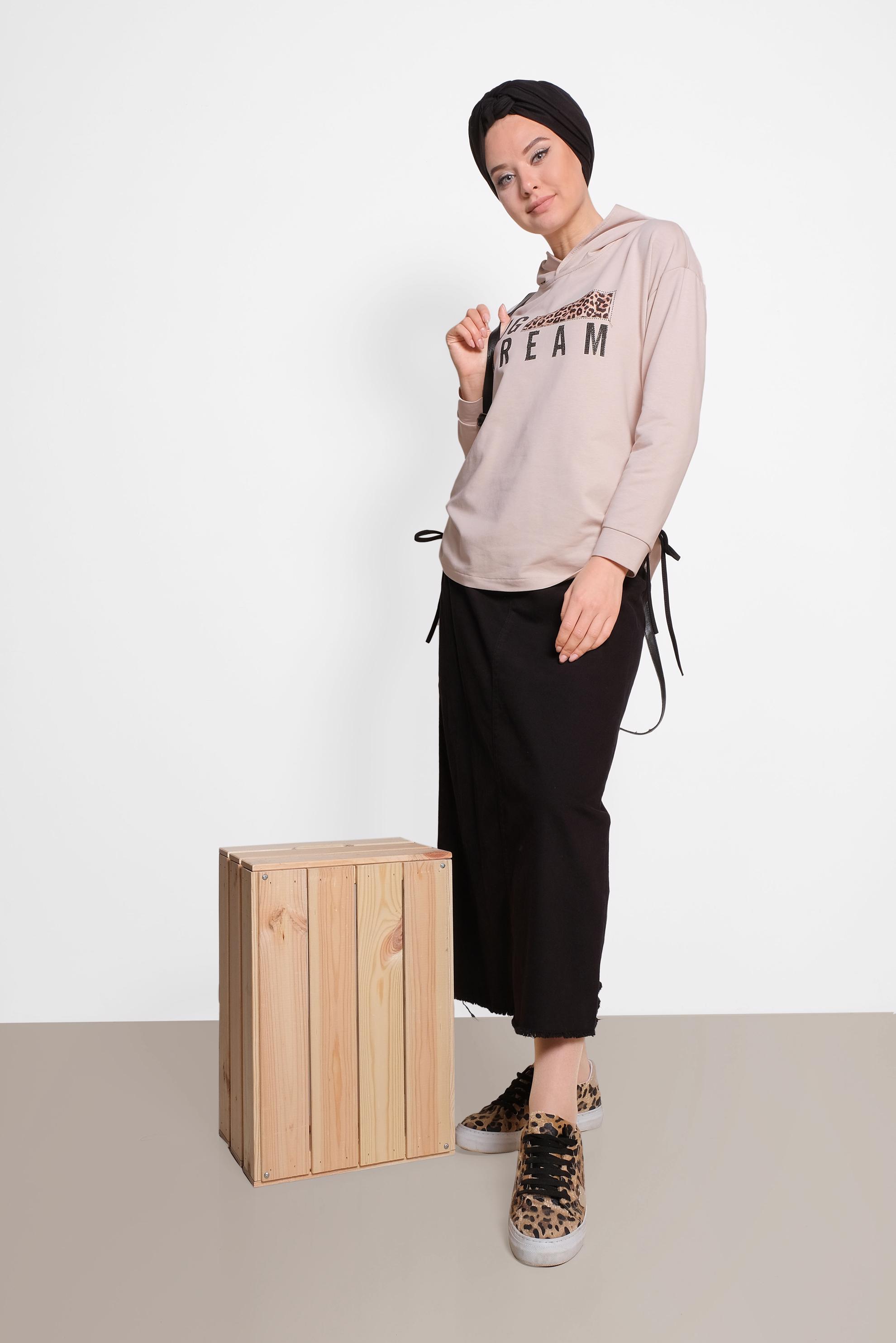 Tesettür giyim BEJ YAZI VE LEOPAR BASKILI TUNİK 4070