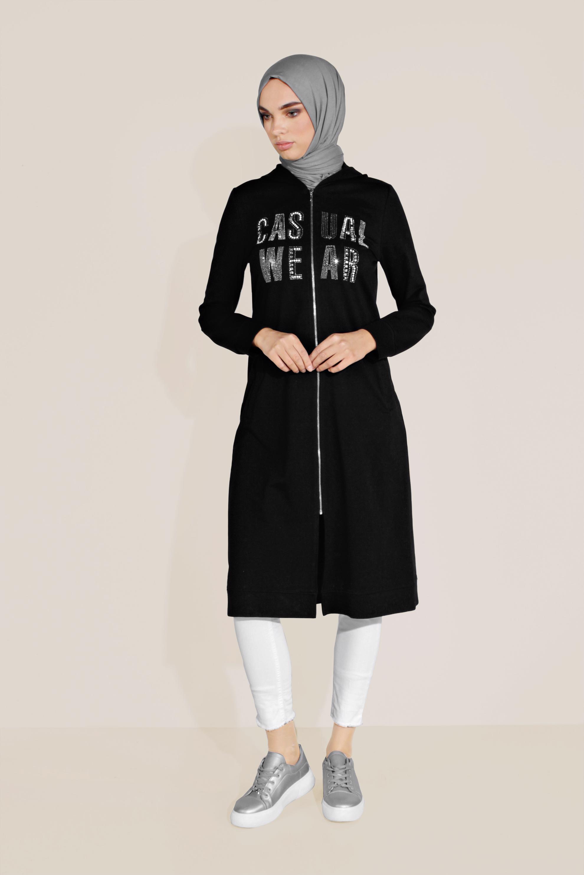 Tesettür giyim SİYAH PAMUKLU BASKILI FERMUARLI EŞOFMAN TUNİK 40720