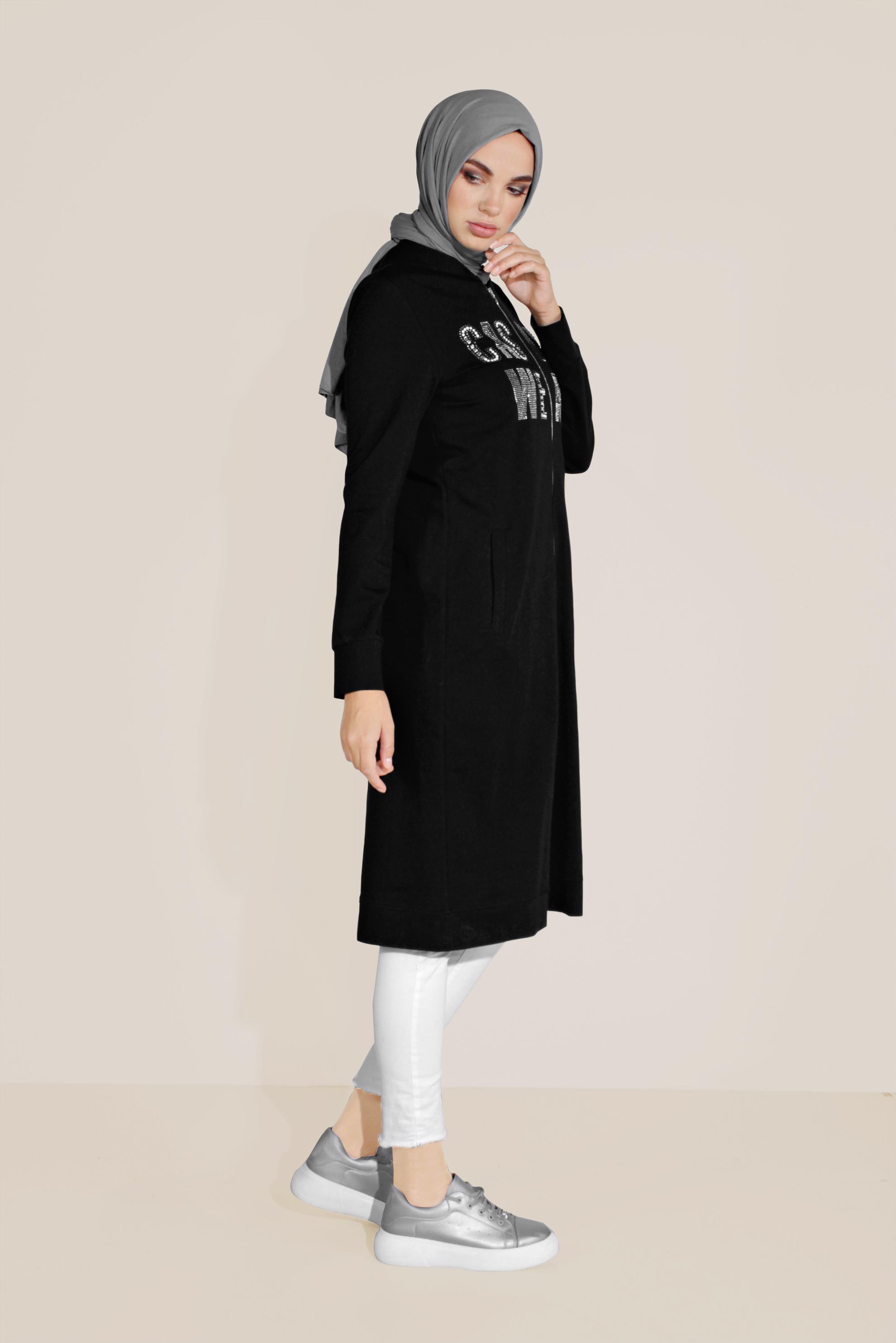 Tesettür giyim SİYAH PAMUKLU BASKILI FERMUARLI EŞOFMAN TUNİK 40720