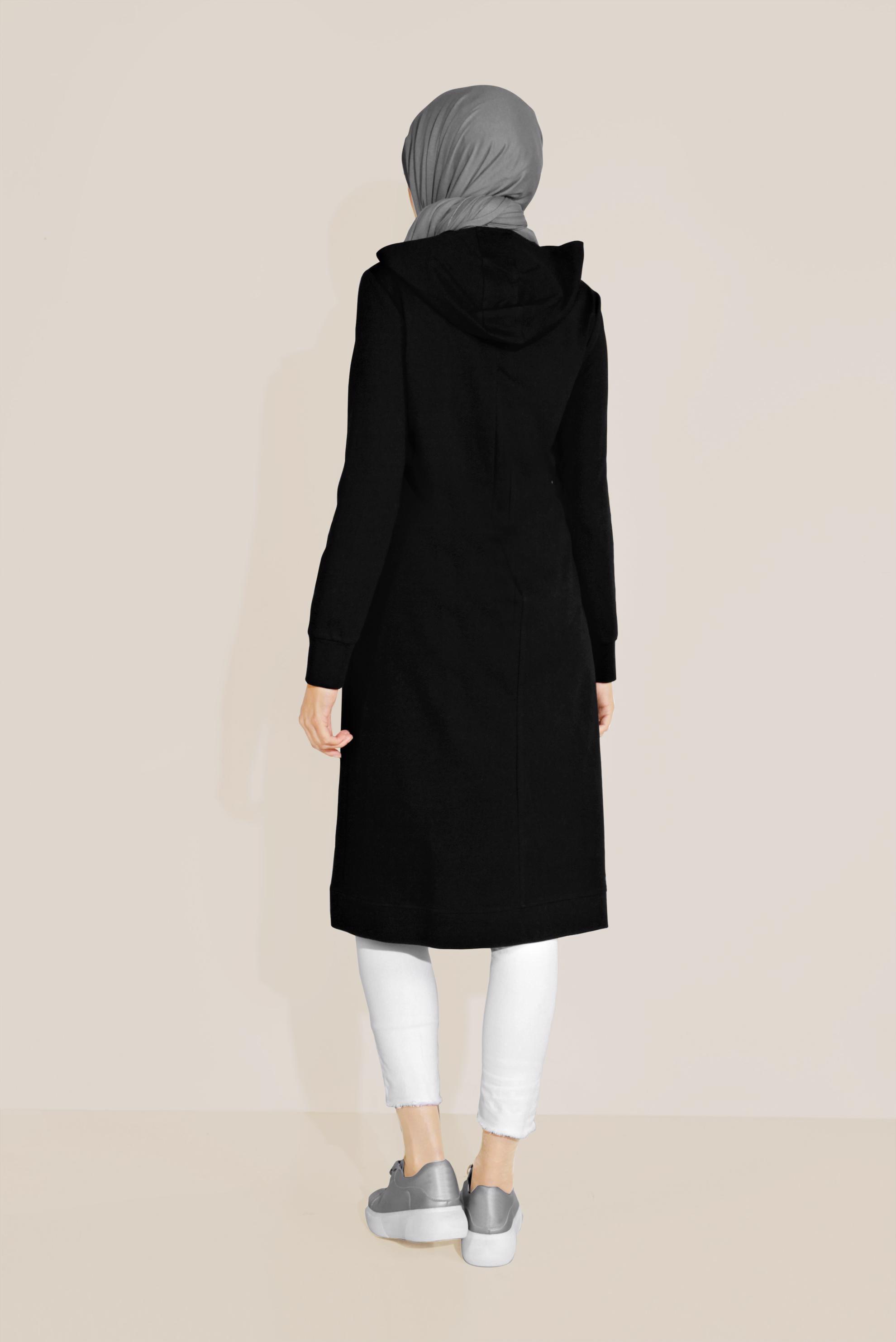 Tesettür giyim SİYAH PAMUKLU BASKILI FERMUARLI EŞOFMAN TUNİK 40720