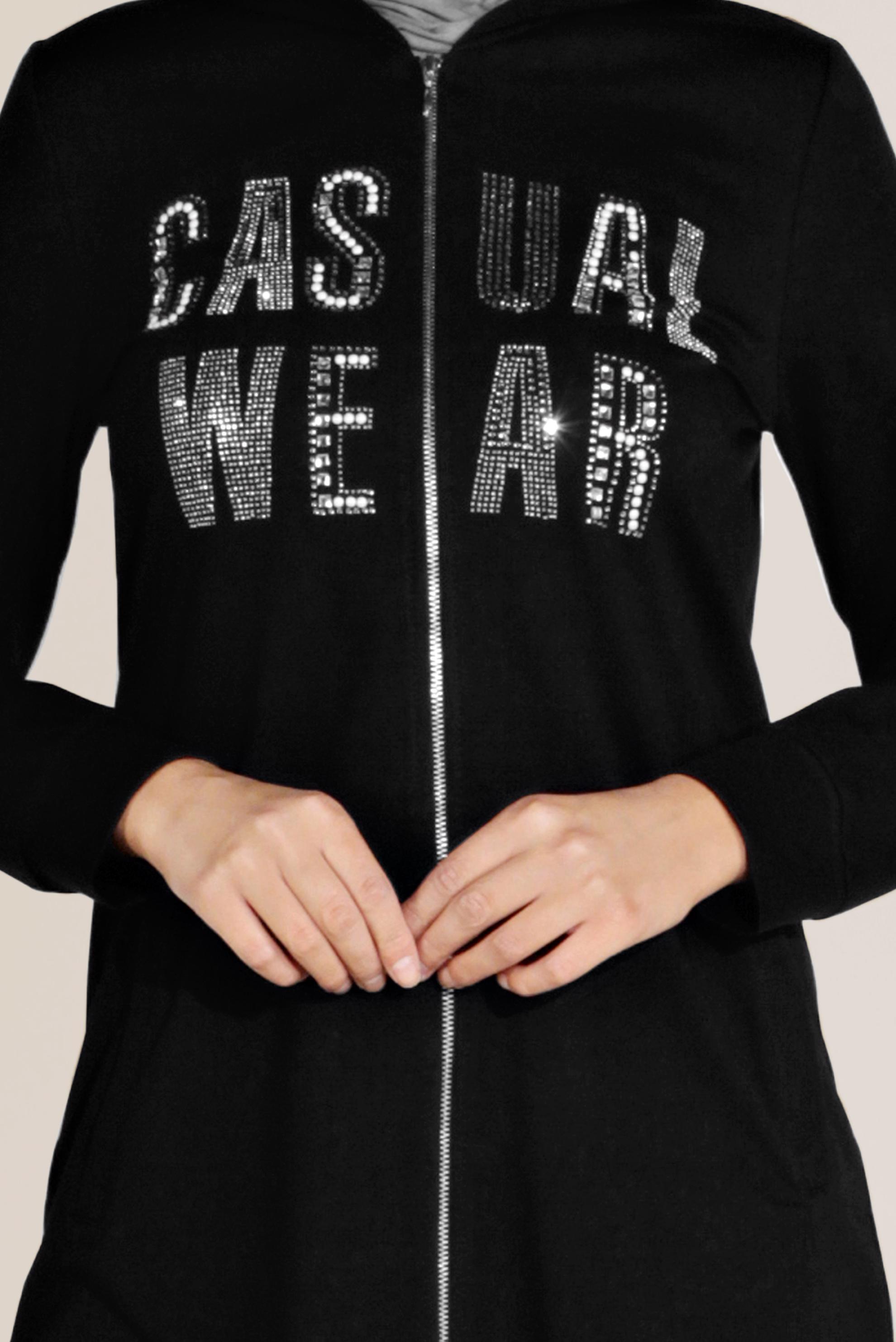 Tesettür giyim SİYAH PAMUKLU BASKILI FERMUARLI EŞOFMAN TUNİK 40720