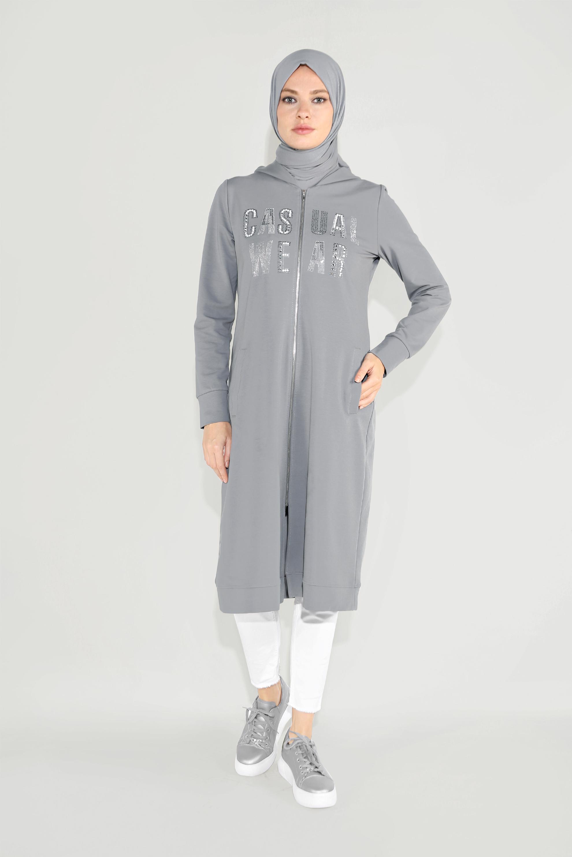 Tesettür giyim GRİ PAMUKLU BASKILI FERMUARLI EŞOFMAN TUNİK 40720