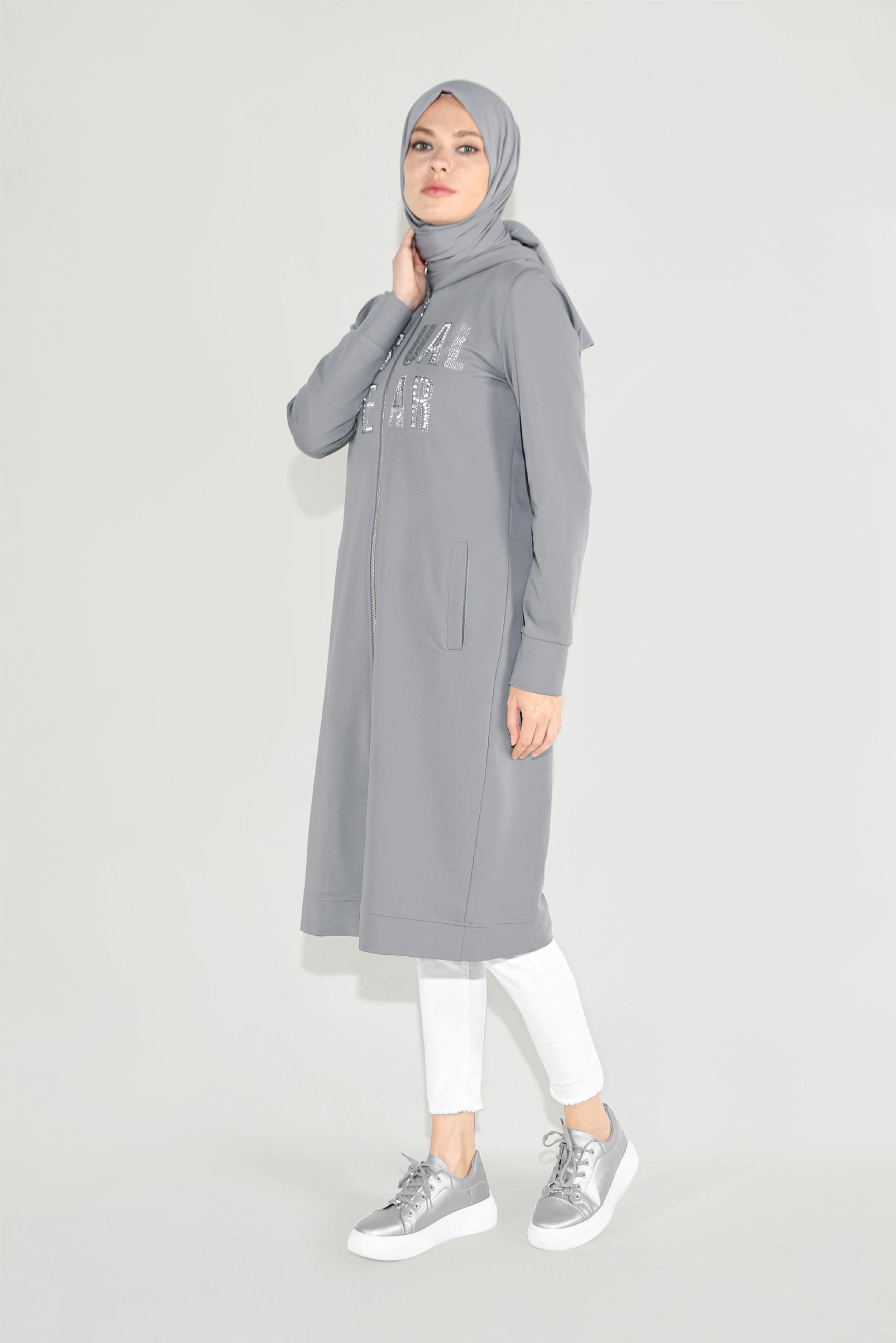 Tesettür giyim GRİ PAMUKLU BASKILI FERMUARLI EŞOFMAN TUNİK 40720