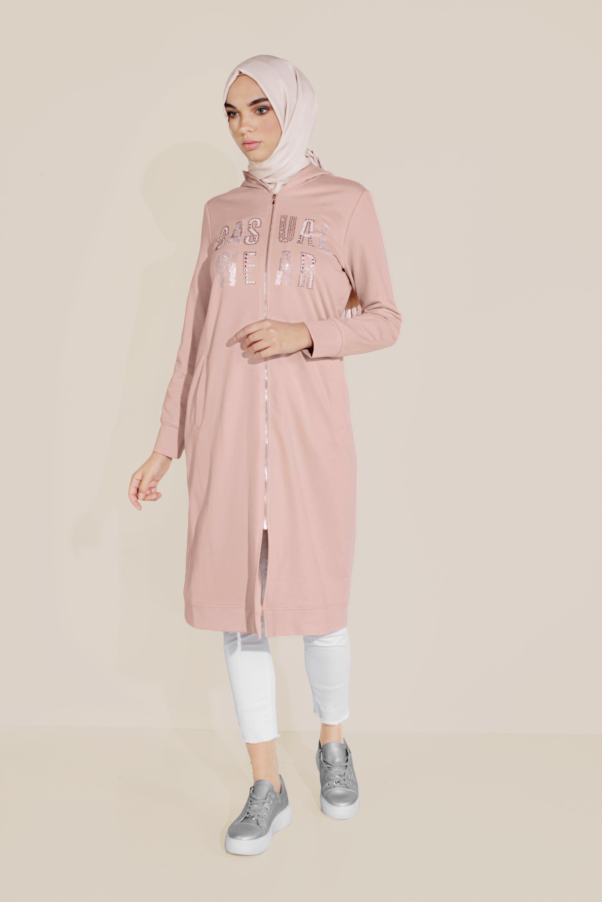 Tesettür giyim PUDRA PAMUKLU BASKILI FERMUARLI EŞOFMAN TUNİK 40720