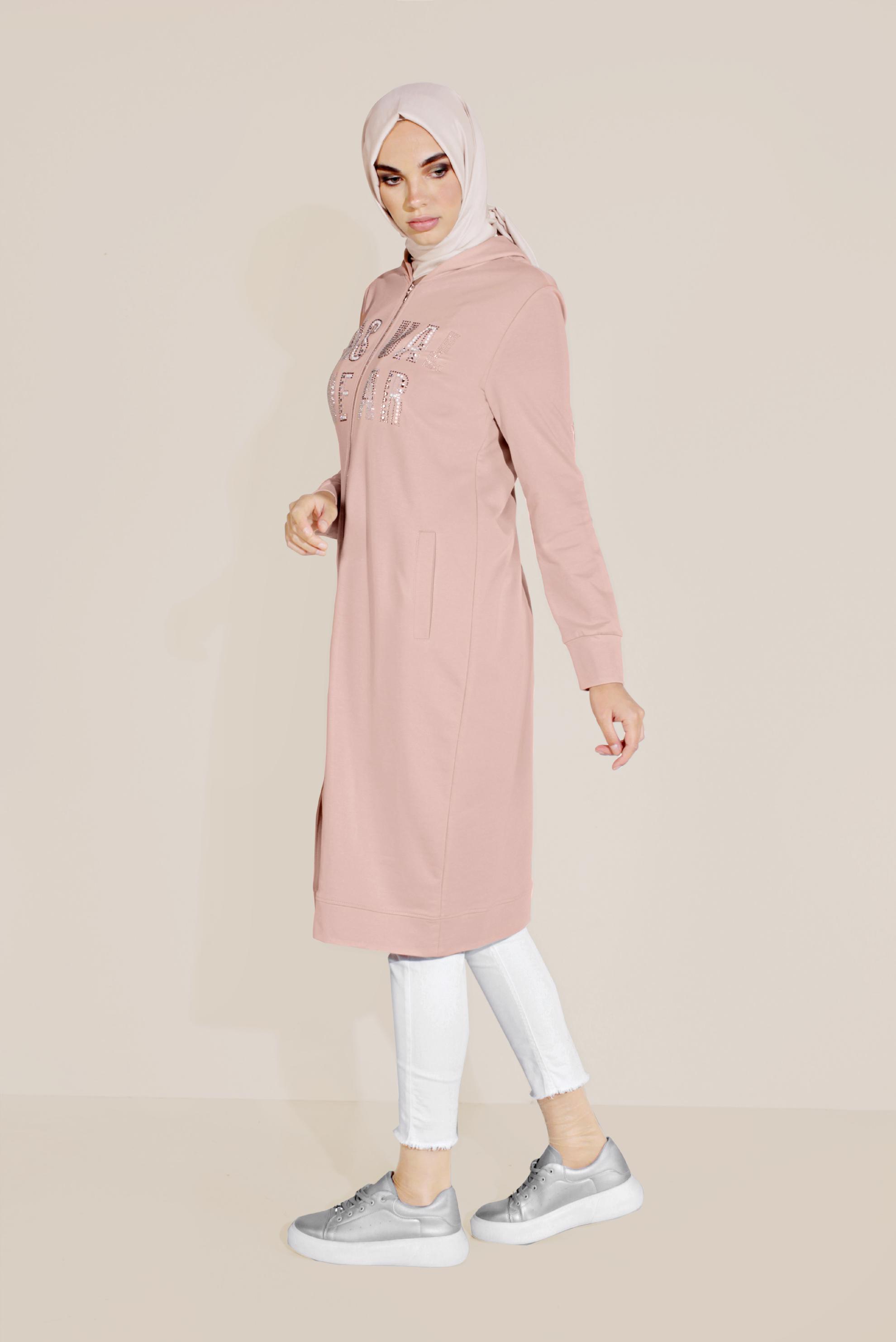 Tesettür giyim PUDRA PAMUKLU BASKILI FERMUARLI EŞOFMAN TUNİK 40720
