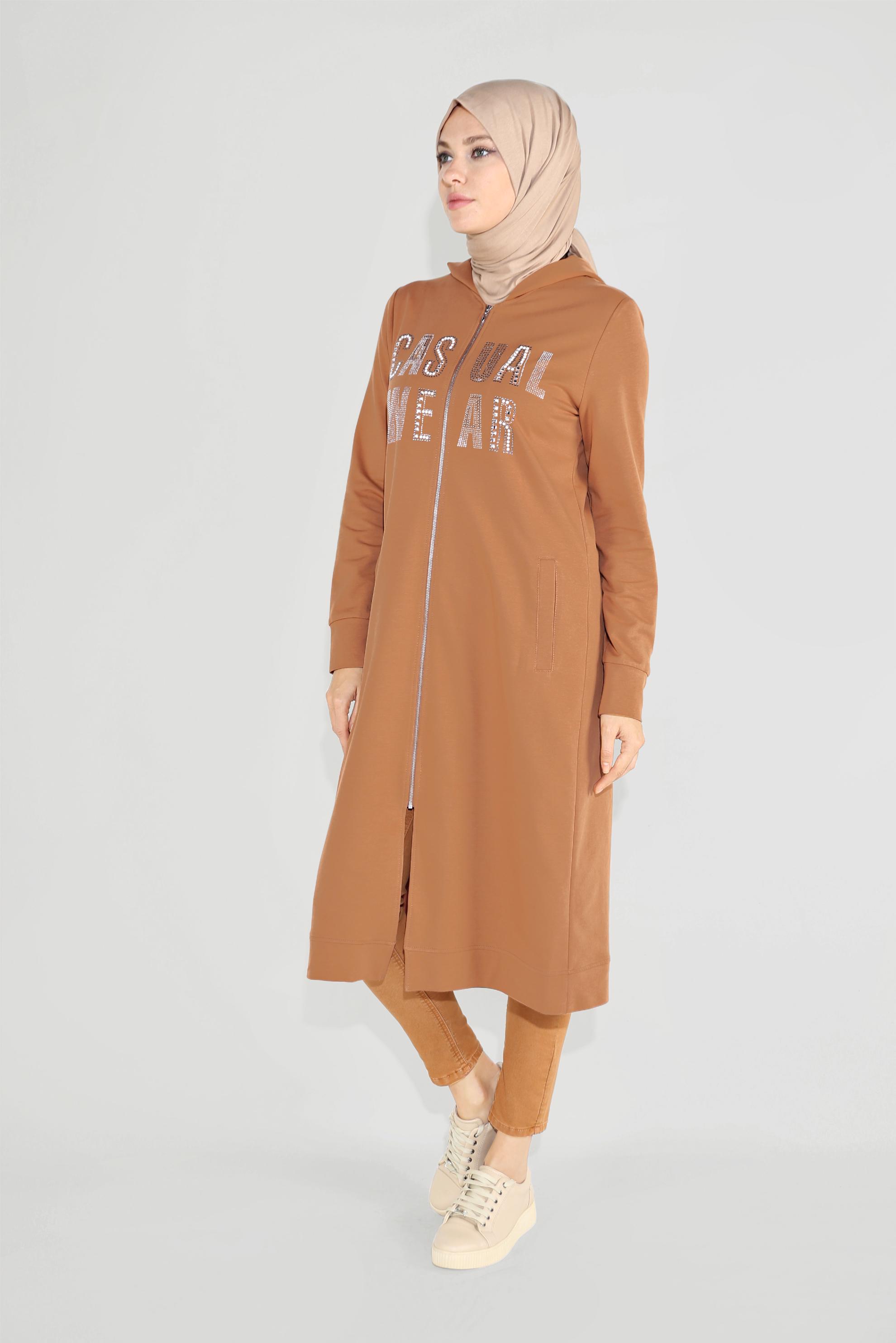 Tesettür giyim SARI PAMUKLU BASKILI FERMUARLI EŞOFMAN TUNİK 40720