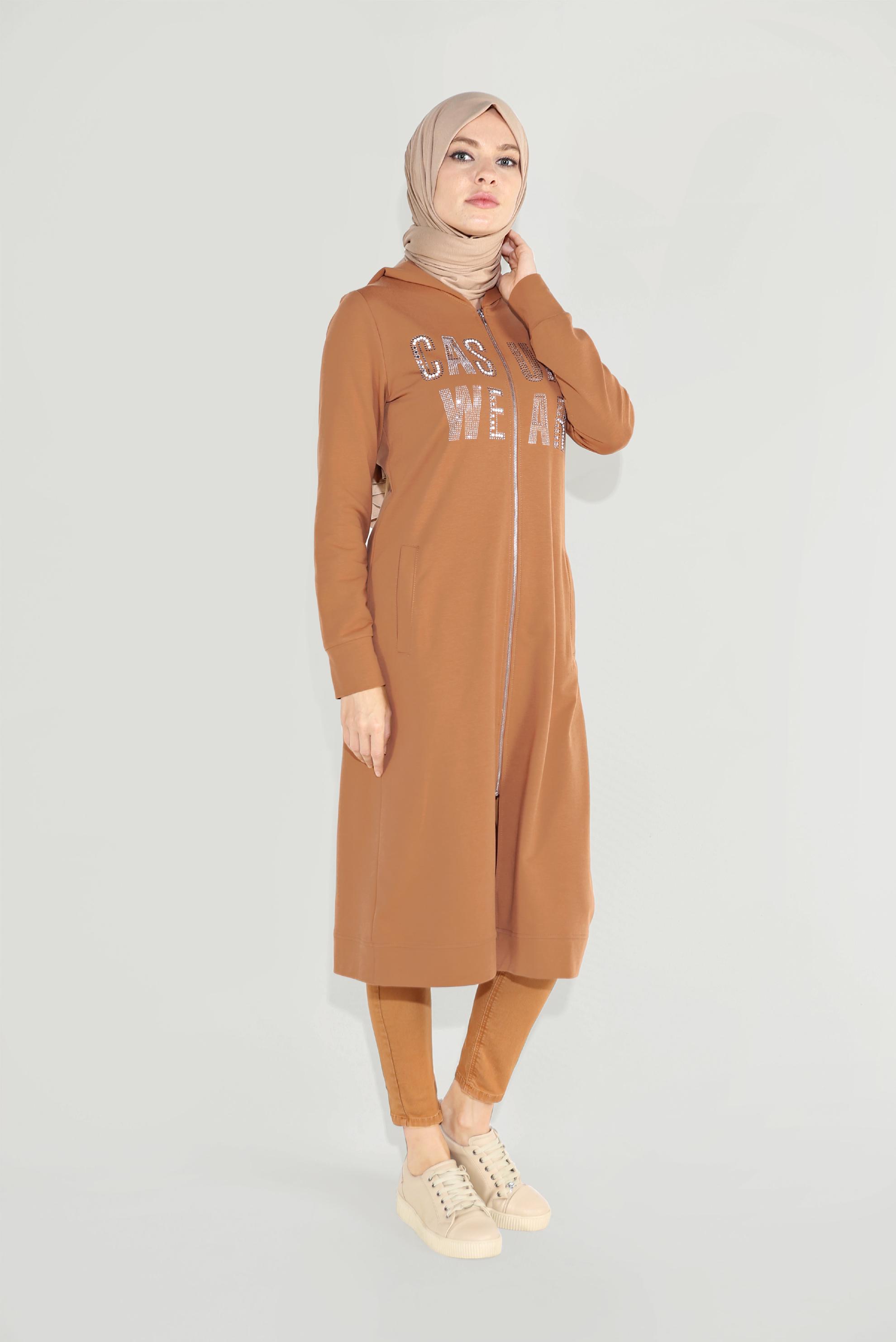 Tesettür giyim SARI PAMUKLU BASKILI FERMUARLI EŞOFMAN TUNİK 40720