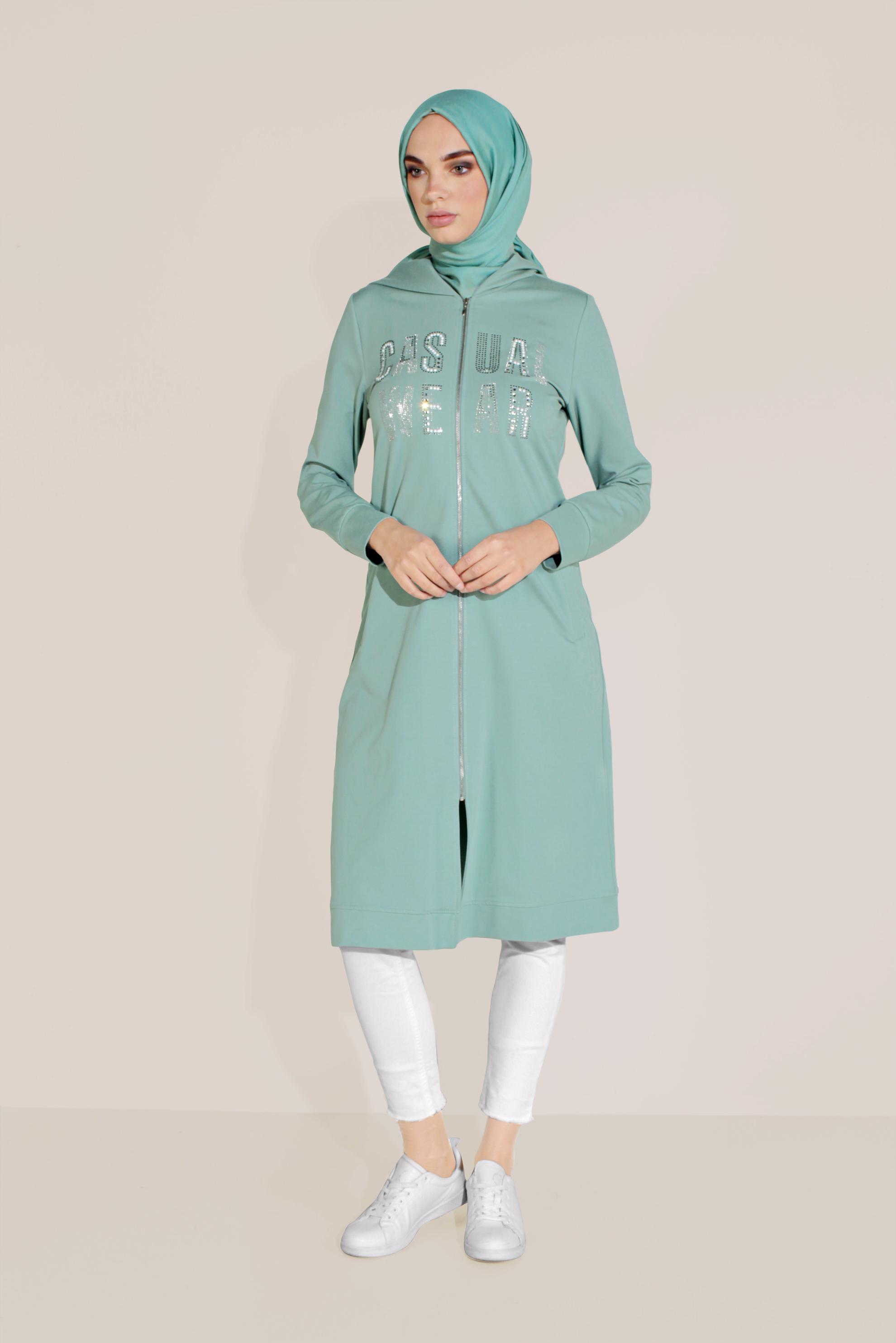 Tesettür giyim YEŞİL PAMUKLU BASKILI FERMUARLI EŞOFMAN TUNİK 40720