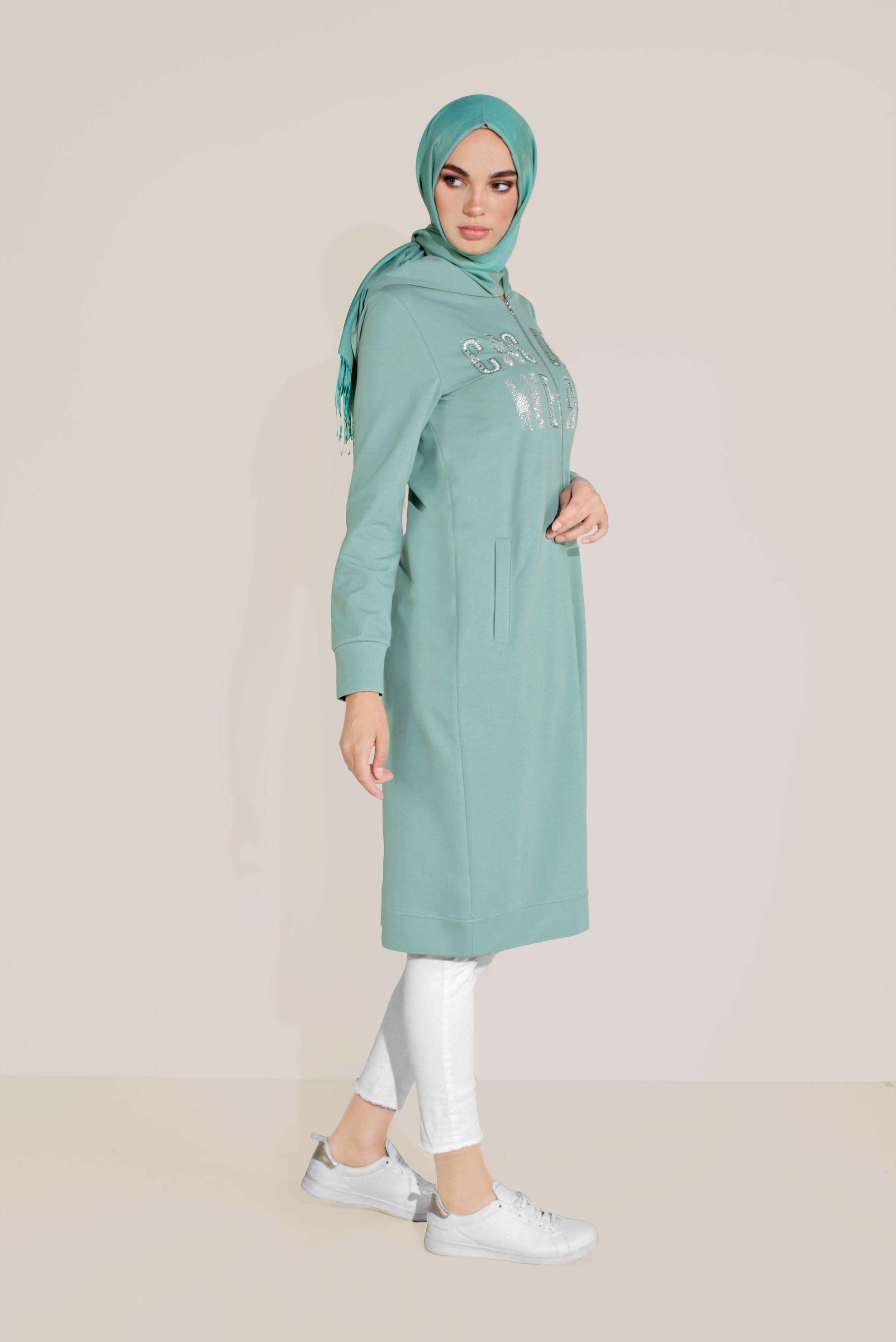 Tesettür giyim YEŞİL PAMUKLU BASKILI FERMUARLI EŞOFMAN TUNİK 40720