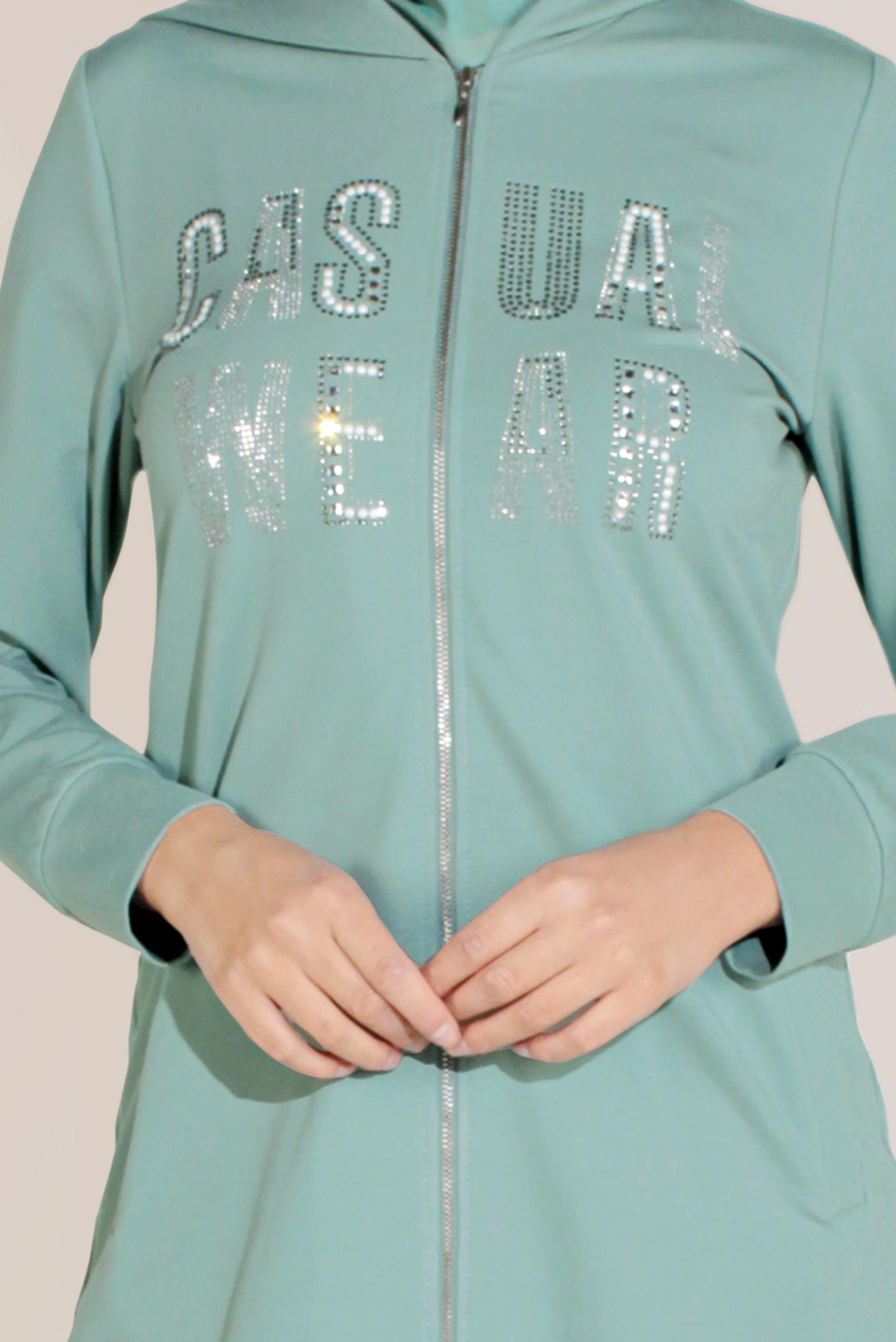 Tesettür giyim YEŞİL PAMUKLU BASKILI FERMUARLI EŞOFMAN TUNİK 40720