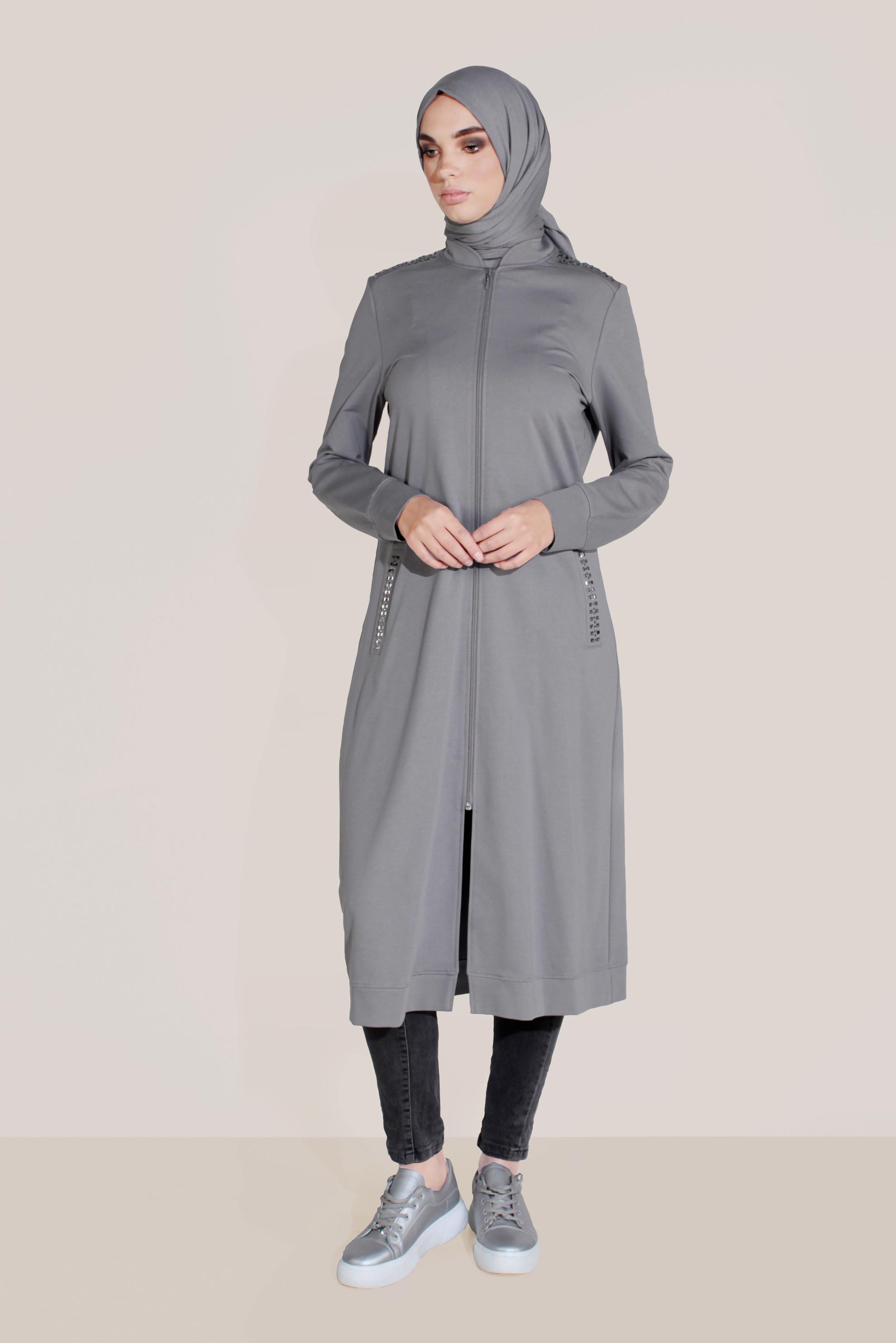 Tesettür giyim GRİ PAMUKLU HAKİM YAKA EŞOFMAN TUNİK 40722