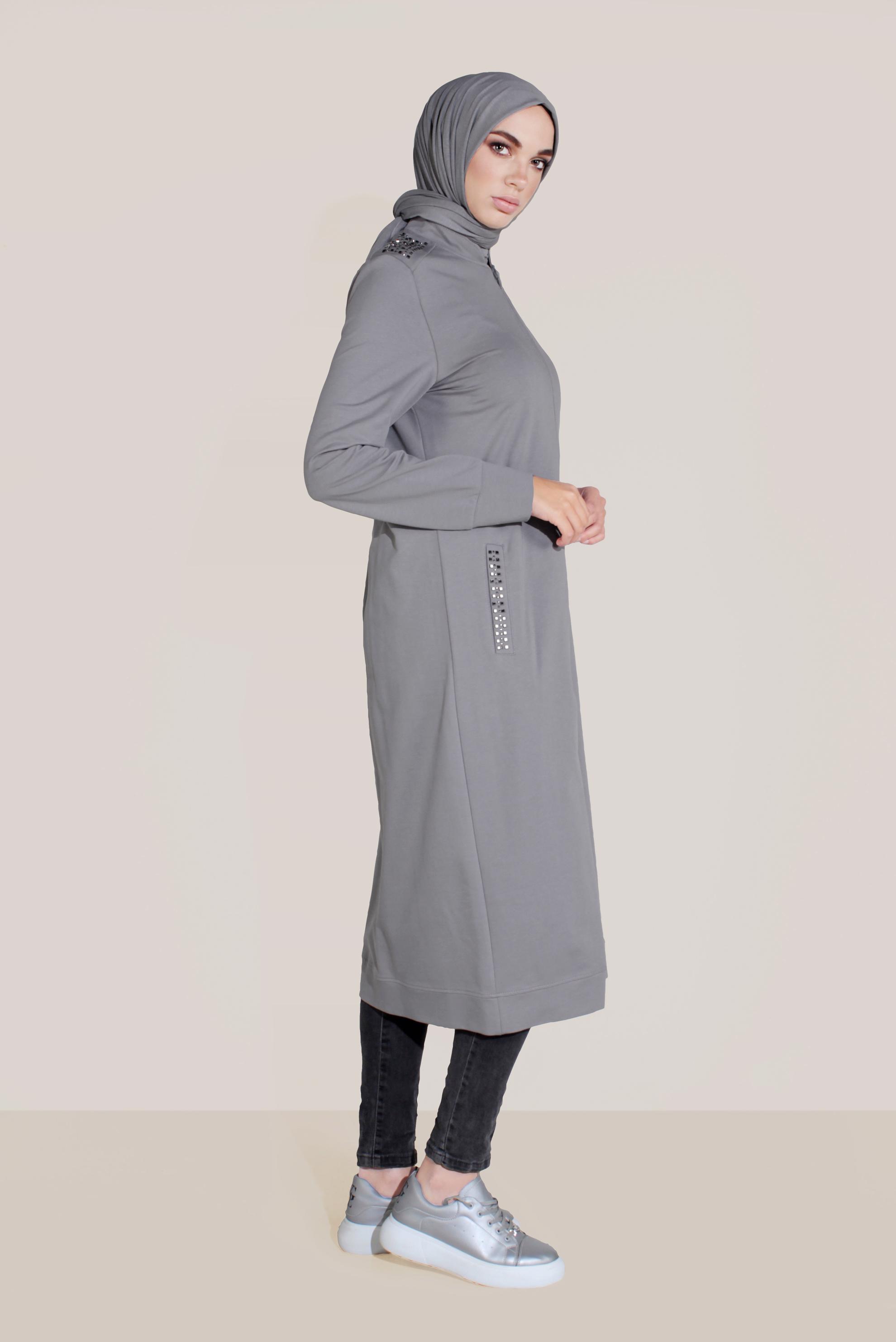 Tesettür giyim GRİ PAMUKLU HAKİM YAKA EŞOFMAN TUNİK 40722